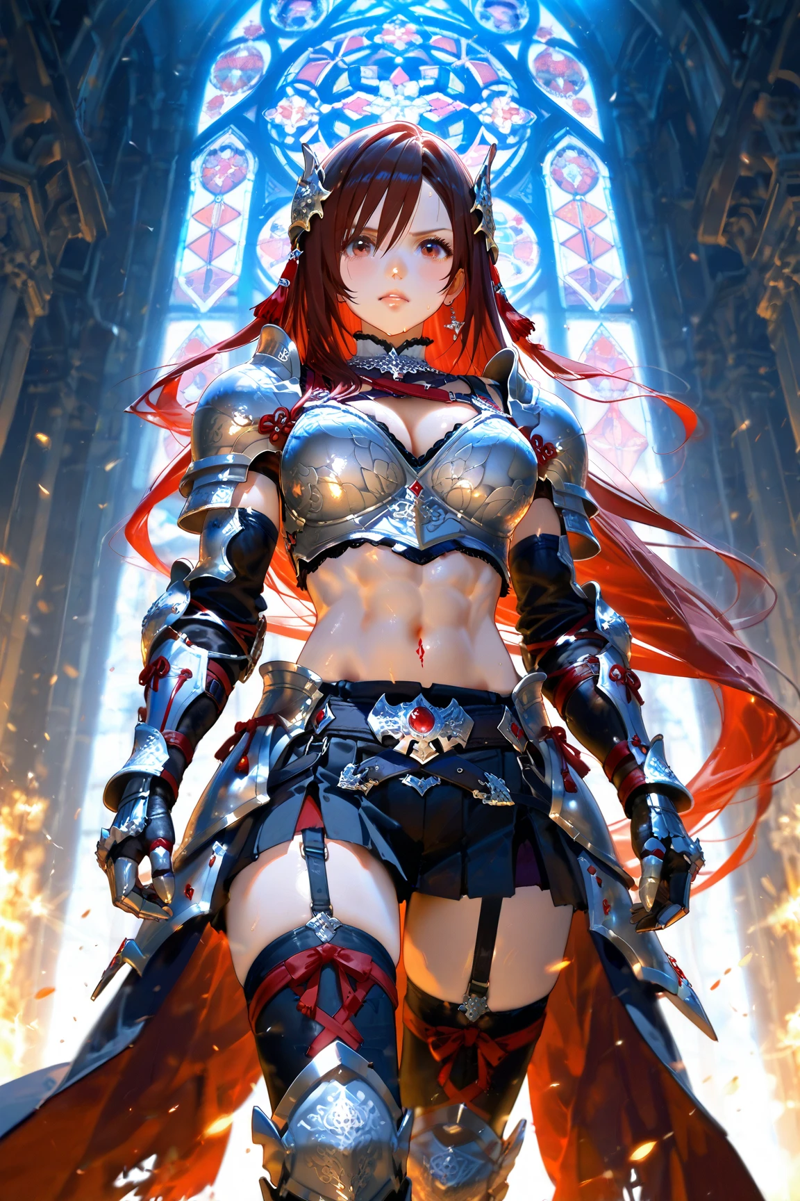 8k, 。...........3D, realista, Ultra Micro Photography, of the highest quality, Super detalle CG Unity 8k,Perfect face, beauty, beautiful figure, prideful pose, elesis elsword online, swordswoman, long hair, red hair, light armor, skirt, laced black stockings, red and white dress, knightess, knight attire, white cape, breast plate, arm plate,Hermosa ,(manos detailed:1.4),(Fire apocalyptic city:1.4)