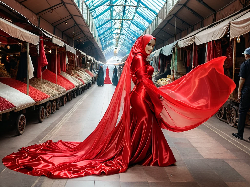 A woman shrouded in a 9-meter-long, plush red satin cloth, tightly bound and grandly draping along the form of her body, flowing off into a pooled floor-length train, styled in a mermaid-inspired outfit with ballon sleeve, her head modestly veiled in a satin hijab, 175 height woman, walk in wet traditional market, a full-body pose conveying a sense of elegance, captured in a 4k resolution, ultra-realistic
