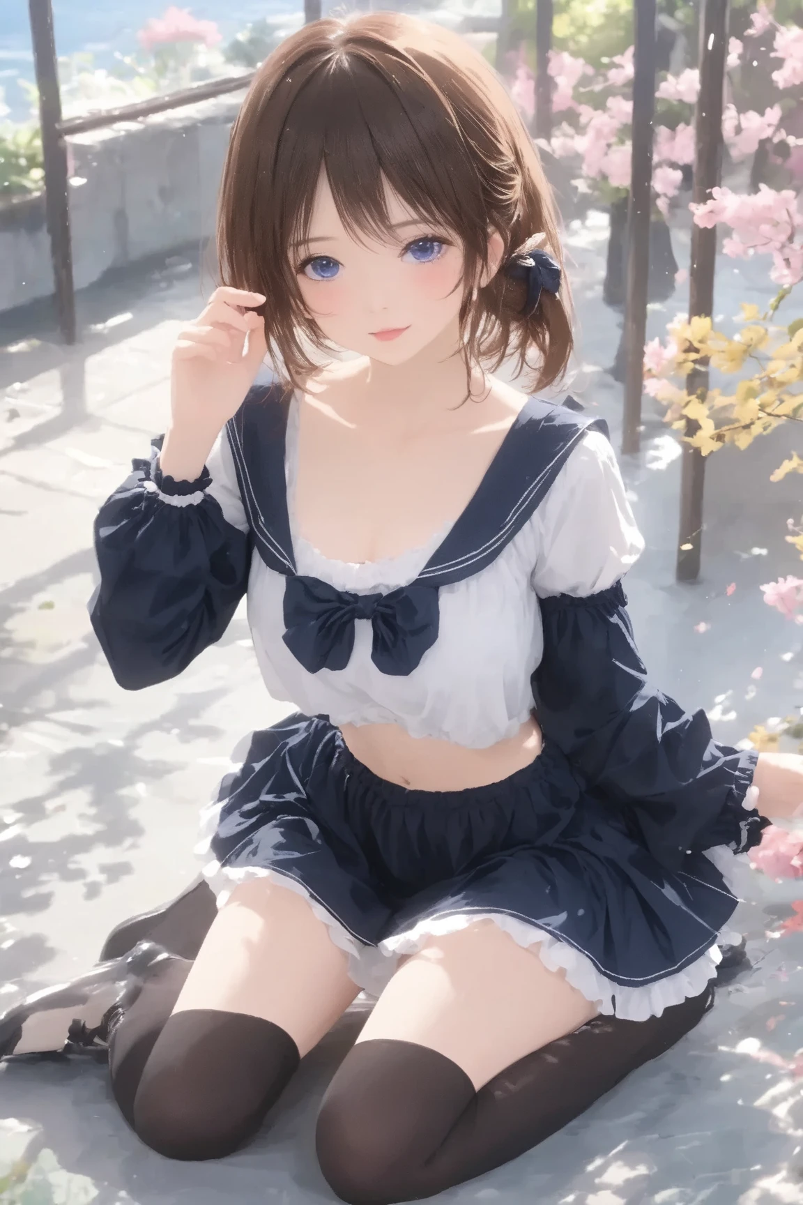whole body、high quality、(Big Girl)、cute hairstyle、cute hair dye、white sailor collar、Sweet plaid pleated mini skirt、amusement park、、 ((blush、Cute lace panties))、(((Arms folded behind back)))、Angle from directly below,(nsfw:0.8),