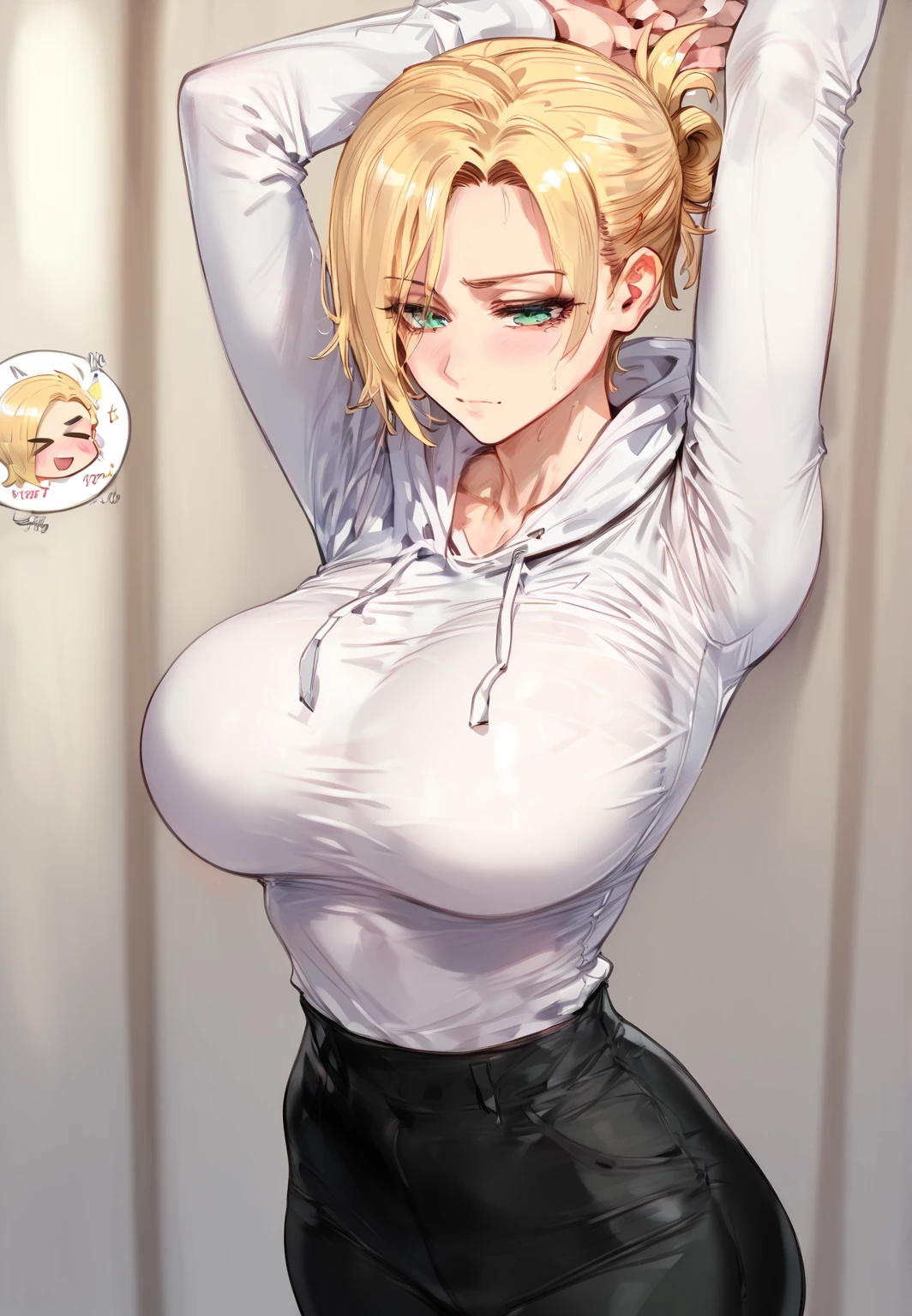 (public gym)、Super detailed illustrations、Super precise expression、masterpiece、highest quality、ultra high resolution、high resolution、(Sweat、body fluid)、shiny skin、blonde hair、bob cut hair、black croptop turtleneck、sleeveless、Standing picture、hot pants、put hands behind head, armpits, armpits visible, sweaty armpits, small breasts