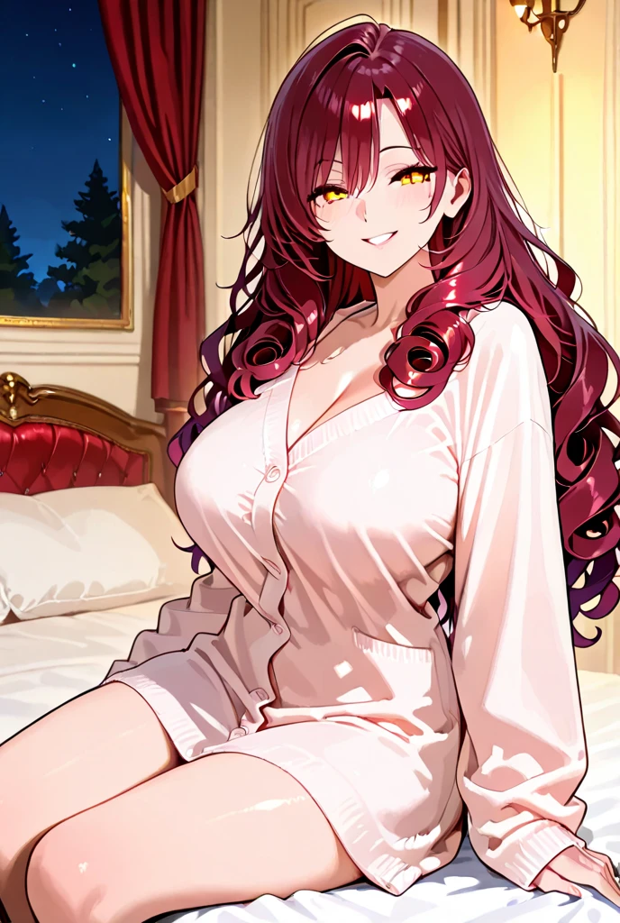 score_9, score_8_up, score_7_up, score_6_up, score_5_up, score_4_up, yu hee, golden eyes, red hair, long hair, thigh, bare sleeve, bright smile, lie, golden eyes,