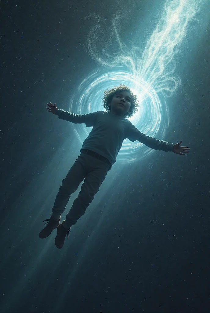 Create an image of a boy lost in space with dark theme and black colour