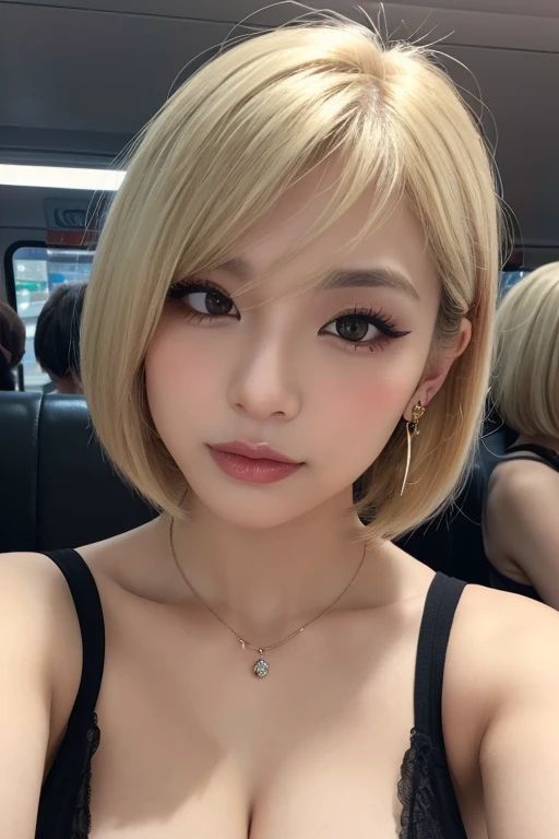 masutepiece, Best Quality, Illustration, Ultra-detailed, finely detail, hight resolution, 8K Wallpaper, Perfect dynamic composition, Beautiful detailed eyes, Off-shoulder t shirt and denim mini shorts,Bob Hair, mid-chest, Natural Color Lip, Random and sexy poses,Smile,20 years girl Colossal tits、nightclub、sheer body stockings、