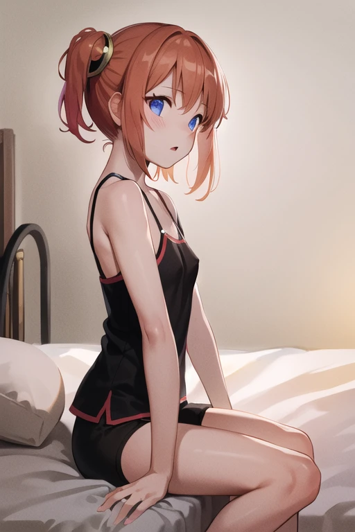 A Female robot is sleeping in bedroom, spread legs, nude, banzai pose. she wears no dress. She Brown short hair is tied with two big red clothespins, She lifts up the under hem of her white plain dress, leaning over, masterpiece, very short pigtails,brown hair, mature, android, blue eyes, full body figure, Height: 160cm, flushed cheeks, 2020s anime picture, A beautiful robot with short brown hair in two short pigtails held up by two very large huge red clothespins, Uplifting, No NSFW, whole body, barefoot, archaic smile, getting orgasm, 25 years old, sweat bucket. 