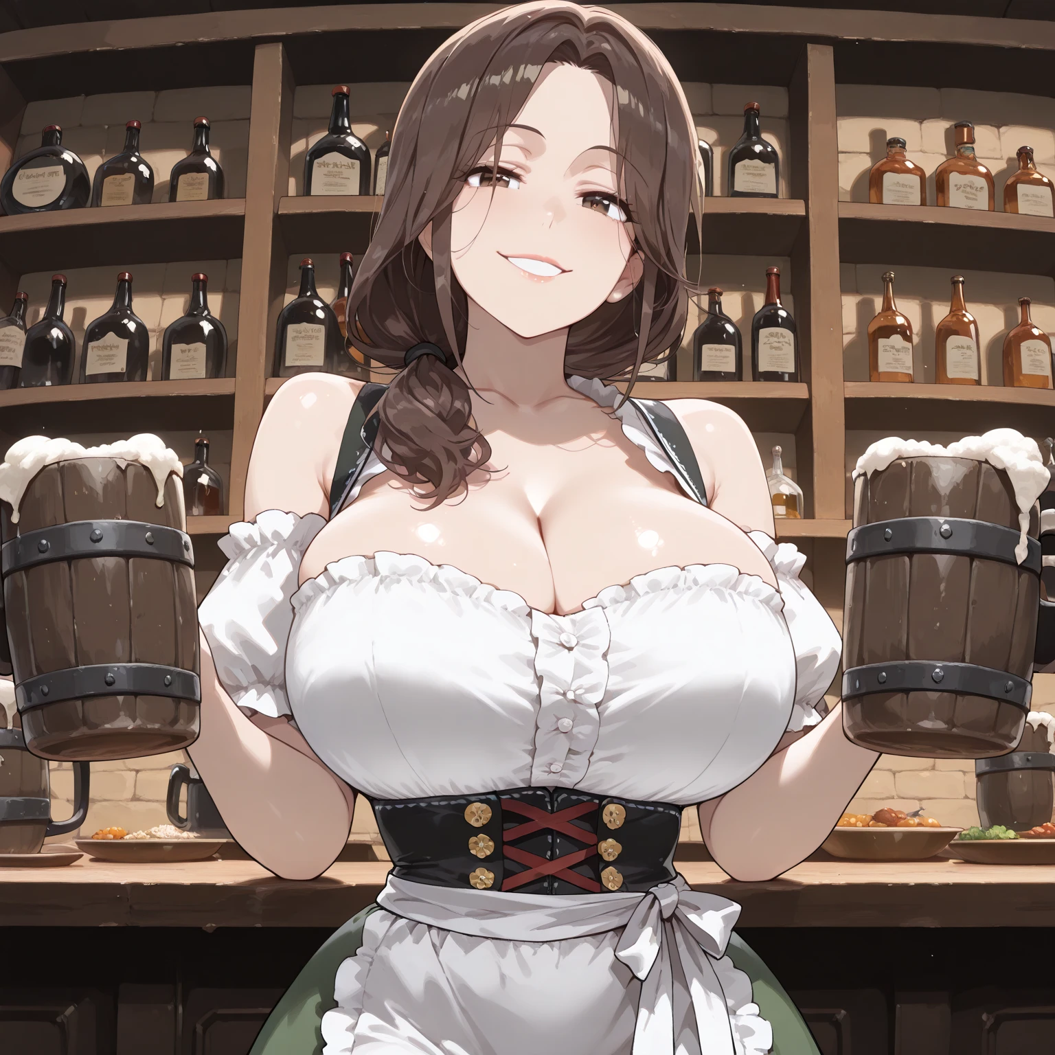 (highres, high quality:1.2), cinematic lighting, digital art, kubo tite \(style\),
looking at viewer, seductive smile, blush,
Kyouka, mature female, 1girl, solo, holding (beer mug:1.2), bar \(place\), complex blackground, cowboy shot,
brown hair, ponytail, sidelocks, hair bow, ribbon, lipstick, makeup, detailed face, (mole under eye:0.6), brown eyes, jewelry, earrings,
green dress, bare shoulders, detached sleeves, bridal gauntlets, long skirt, cleavage, choker,
(curvy:1.1), huge breasts,
<lora:Kyouka-000009:0.85>