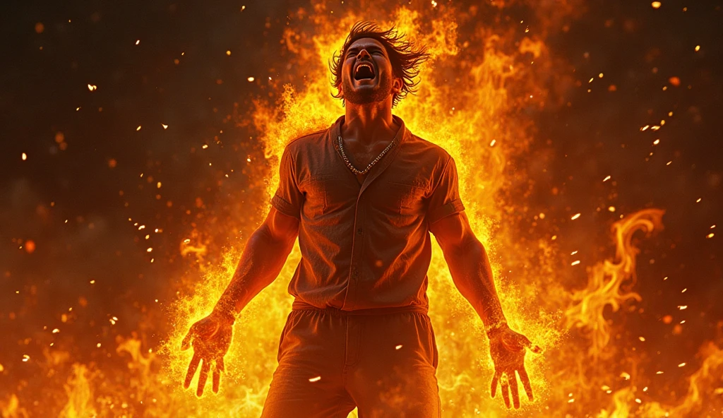 uma imagem realista 1920x1080 : assunto principal: A stylized illustration with flames visible through them a man kneeling in front with his hands on his head suffering and flames surrounding him.