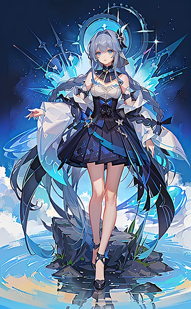 (best quality)+,(on the table)++,(Super detailed)++, Masterpiece Top Quality Super Fine Illustration High Detail Lighting Perfect Lighting, (Witch 1 person:1.3),, First class female body, Perfect body, beautiful breasts, View from the front, from above, delicate luster, Beautiful and delicate eyes, cute face, beautiful lips, semi-realistic, a girl surrounded by crystals, blue eyes, beautiful light blue hair, Beautiful iridescent eyes, Beautiful long and tousled hair, Cute witch girl costume sexy beautiful witch dress, Glow effect lens flare lotion gloss shine holy light background sunlight, Galaxy Witch Hat, boots braided on feet, and suspenders, looking at the audience,