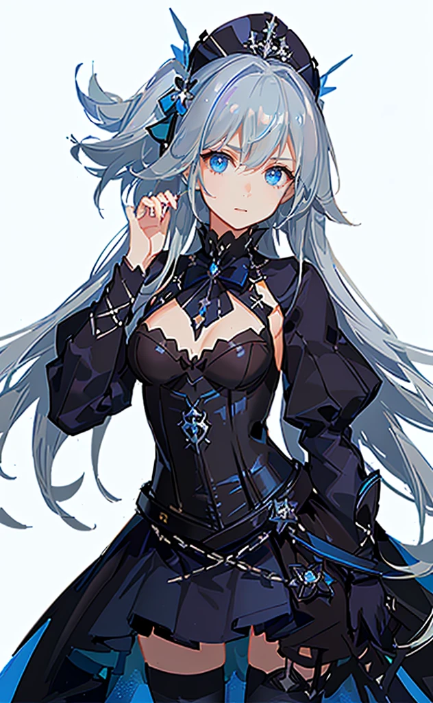 A woman with long, almost white, blue hair, blue eyes, beautiful, fierce, wearing a neat black suit.