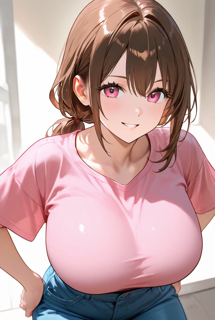 sauce_anime, score_9, score_8_superior, score_7_superior, score_6_superior, score_5_superior, score_4_superior,
One girl, alone, Medium Hair, View your viewers, smile, Large Breasts, Brown Hair, belly button, Cleavage, Brown eyes, Jacket, topless,Side Ponytail, open Jacket, yellow,Scrunchie, pink Jacket, Star hair ornament
