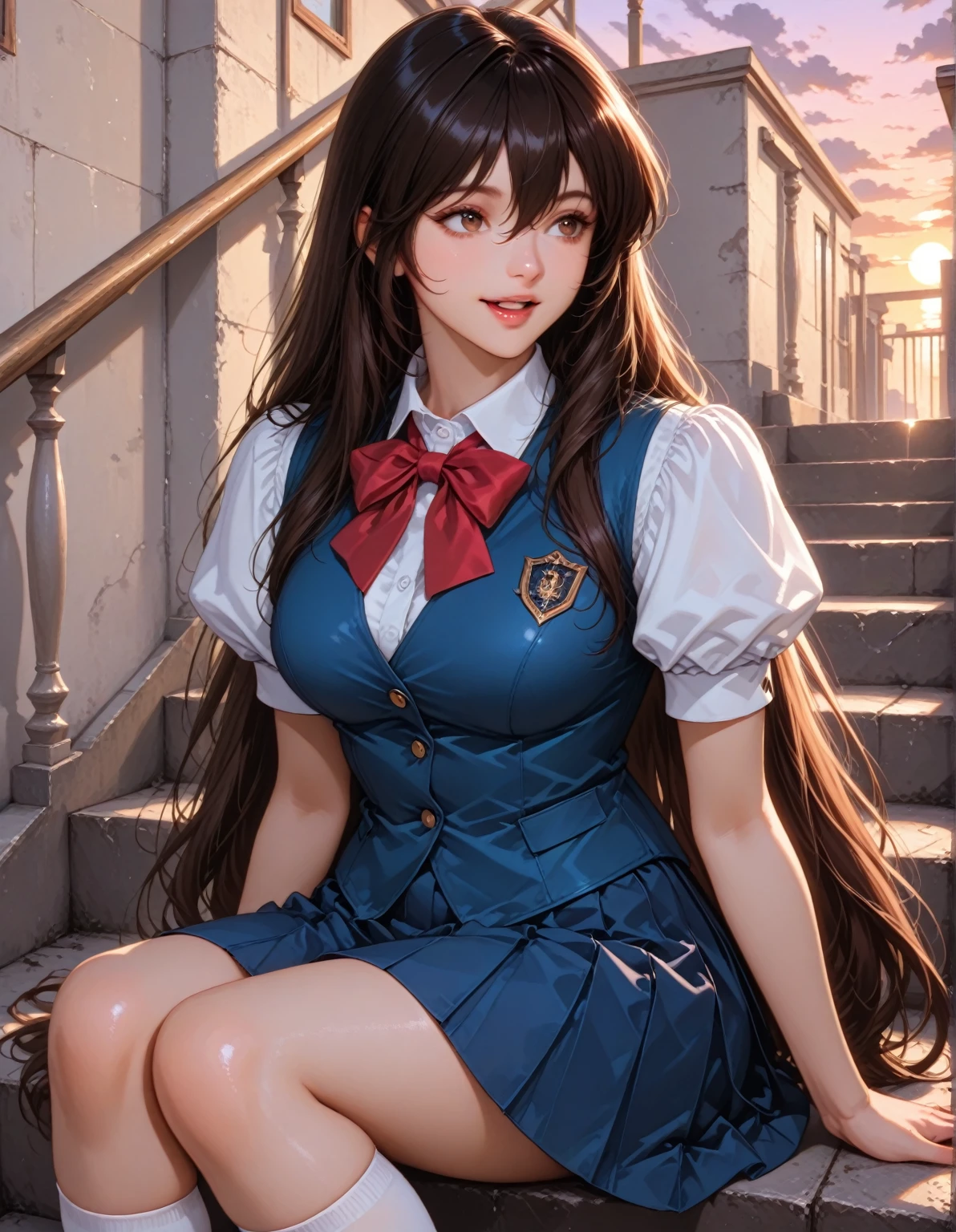 A girl is posing for a photo, cute女の子, Enchanting girl,
(Black Hair, twin drills, Wavy Hair, Long Hair), (Red eyes),
((blue suit vest:1.4), White dress shirt with collar, (Blue pencil skirt:1.4)、(Black Pantyhose:1.4,Black High Heels))、Black choker、Red Gem Earrings、
(((highest quality)), ((masterpiece)), (Very detailed), (High resolution), (Beautiful detailed sparkle), (High detail), (Anatomically correct)), ((Realistic)), ((The best CG)), Ultra-detailed art, CG illustration, 16k, 1080P, Oil paints:1.2,
(((One Girl))),
(Symmetrical facial features, Perfect Face), Beautiful clavicle, (Beautiful fingers), (Beautiful breasts, (Ccup)),
Beautiful body, Beautiful thighs, Beautiful feet, Perfect round butt, (((Detailed skin, Oily skin, Textured skin, Beautiful Skin))),
(((Baby Face, cute, 16 years old))), Double eyelids, Long eyelashes,
(Droopy eyes, Expression of fine eyes, Beautiful and delicate eyes, Sparkling eyes, Eye Reflexes),
(Beautiful Nose,Thin Nose),
(Glossy Lips, Beautiful Lips, thick lips),
(Beautiful Hair, Shiny Hair, Shiny Hair), Hair fluttering),
(smiley, laughing, blush、one eye closed),
BREAK
(noon、(Town, オフィスTown, blue sky)), ((Walking:1.4, Cowboy Shot))