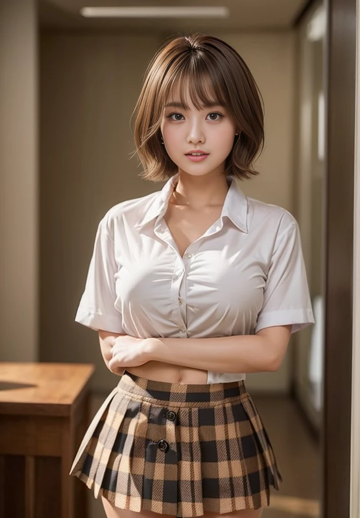 8k, RAW Photos, Highest quality, Tabletop: 1.2), (Realistic, Photorealistic: 1.37), Very detailed, 1 high school girl, Super Beauty(Like the real thing), alone, Beautiful detailed sky, Detailed Coffee, night, Sitting in the store, (Big smile: 1.1), Long brown hair　Medium chest, Beautiful detailed eyes, (Collared shirt: 1.1), A bow tie, Pleated skirt, (short hair: 1.2), Long Hair, 　Beautiful expression　Ultra-high resolution,Ultra-Realistic Skin,masterpiece,Highest qualityのPhotorealisticなRAW Photos。Bright colors,Rich colors, Backlight, Cinema Lighting, Film Grain, 50mm lens, Nikon D850,Beautiful expression,Fantasy art,Character Art,View your viewers,Top view,,Accentuate your cleavage,See-through,Dynamic pose,