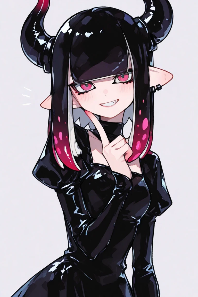 ((masterpiece,best quality)),1girl, loli, solo,elf ears, heart shaped earrings, heart shaped pupils, short hair, ((purple hair)), a pink streak on the bangs, ((a gap between the teeth)), Long black t shirt, long sleeves, shorts with chain, full body,((fangs))