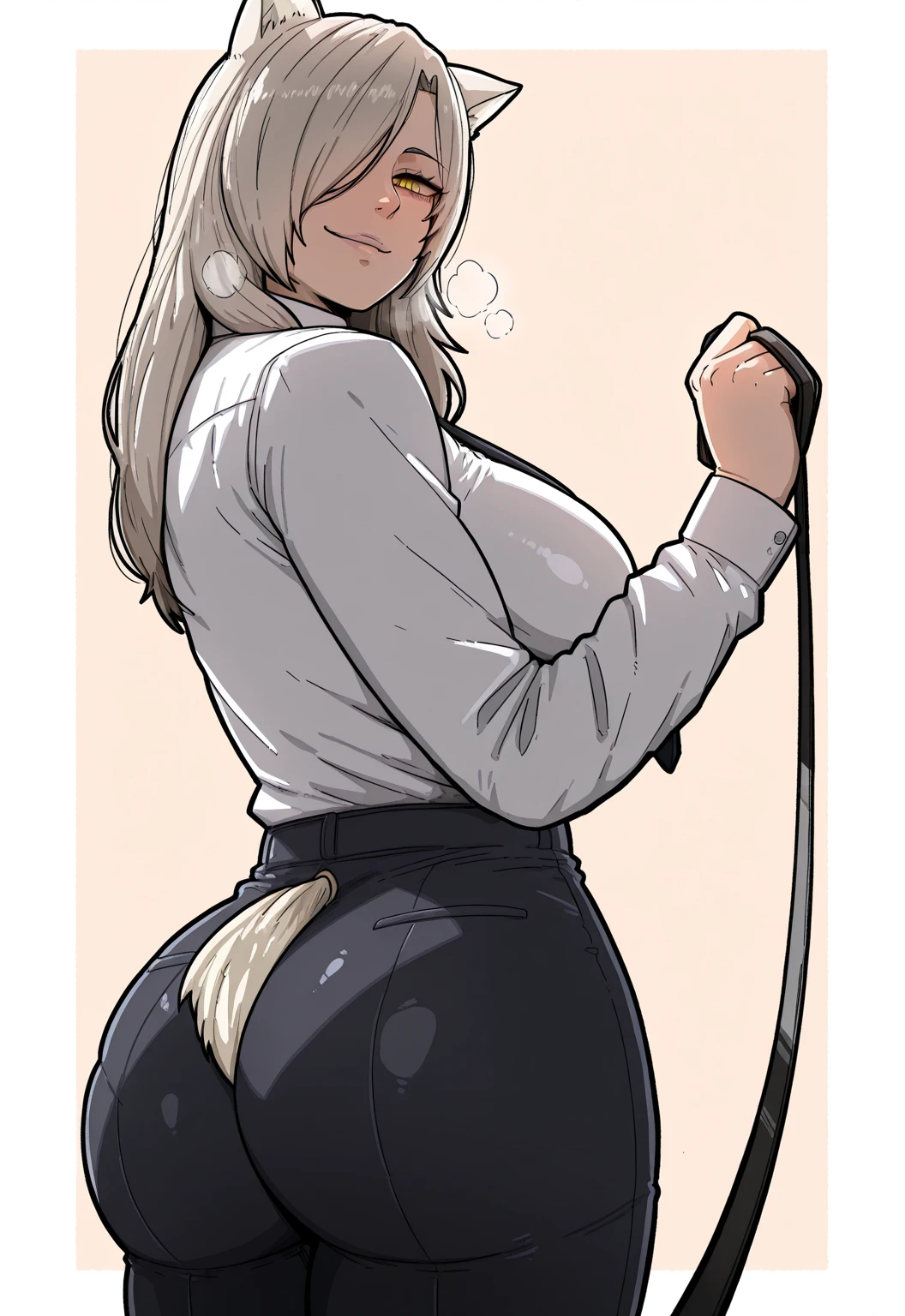 fluffylewdsai, (zonda_(solid_air)-style:1.2), (Mark_Gavatino-style:1.1), ((anatomical correct)), ((Cinematic, unreal engine, eye-catching, ambient occlusion, UHD, masterpiece)), ((perfect lighting, soft shadow)), perfect body, perfect eyes, perfect fingers, gasping, heavy breathing, gasping profusely, ((skindentation)), ((curvy)), fabienne, grey hair, yellow eyes, wolf tail, wolf ears, hair over one eye, large breasts, slit pupils, plump, 1girl, ass, pants, solo, shirt, leash, looking_at_viewer, necktie, white_shirt, shirt_tucked_in, collared_shirt, black_pants, breasts, smirk, holding_leash, huge_ass, long_sleeves, formal, holding, looking_back, simple_background, from_behind, black_necktie, suit, thick_thighs, ass_focus,