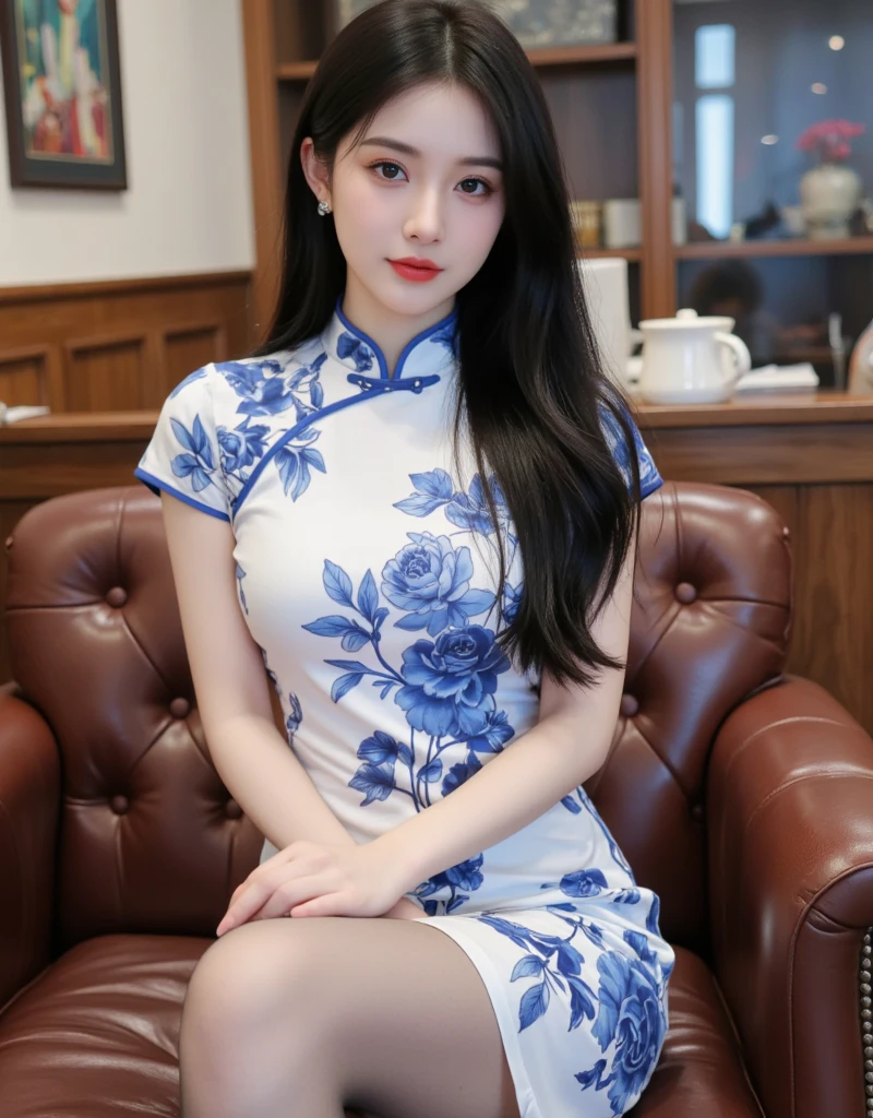 1girl, solo, long hair, breasts, looking at viewer, large breasts, black hair, dress, holding, cleavage, brown eyes, jewelry, standing, ponytail, flower, short sleeves, earrings, indoors, white dress, clothing cutout, window, feet out of frame, chinese clothes, cleavage cutout, red flower, china dress, side slit, branch, holding flower, red lips, vase, lattice