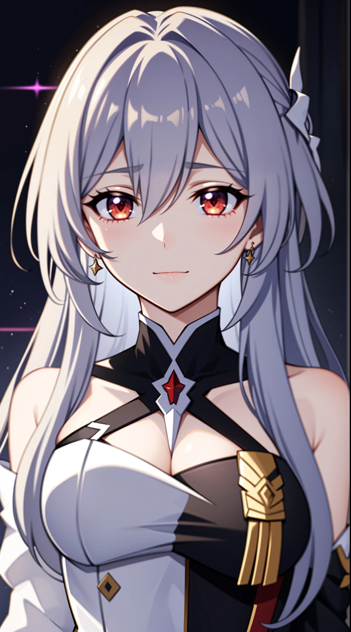 (high-quality, breathtaking),(expressive eyes, perfect face) portrait, 1girl, female, solo, adult woman, Symmetrical Eyes, age late 20, red eyes, long hair length, soft wavy flowy hair, loose hair, side bangs, looking at viewer, happy expression, white skin, elegant, regal, Stelle Honkai Star Rail, Acheron Character Honkai Star Rail, Path of Nihility, black background, white and dark purple color hair, death theme, black coat with gold trim, coat