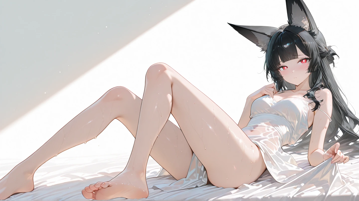 seductive naked lady with ample bosom and wearing no clothing, devil horns, black color scheme, black hair, blue eyes, smirk, showing feet, NAKED, curvy body, showing pussy, showing vagina, moaning,