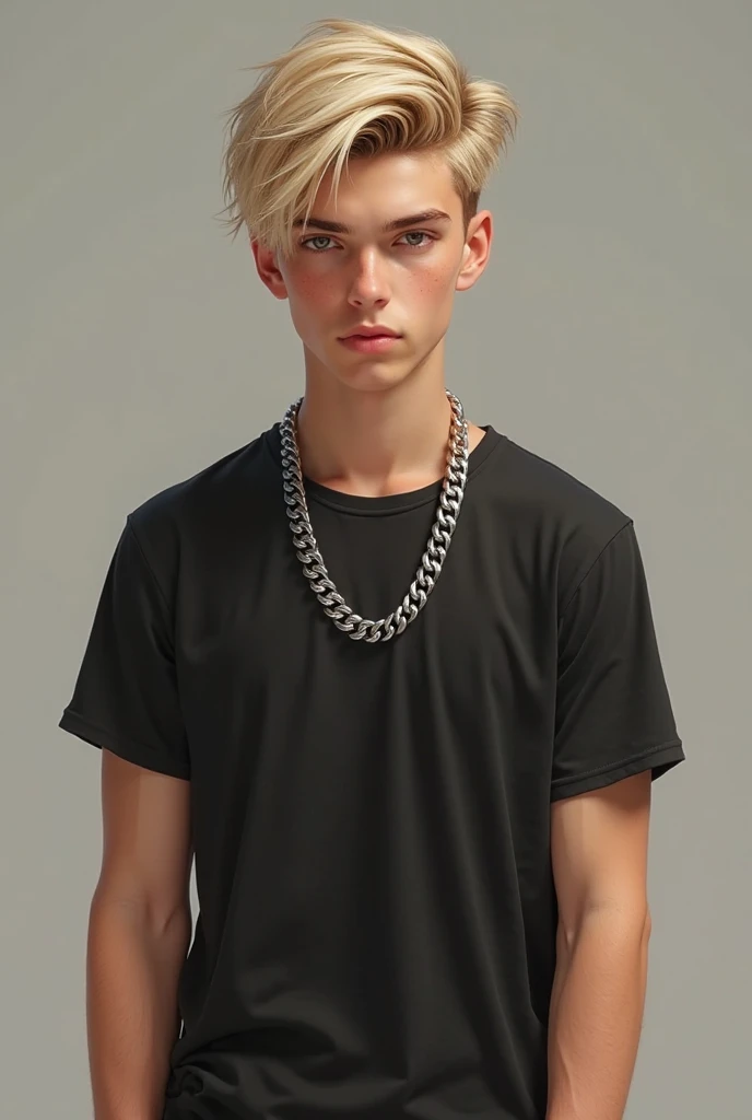 Full body photorealistic image of a very slim and handsome young looking man, with the (very small hair) yellow blonde color. . The avatar should have slightly darker honey-colored eyes, lighter eyebrows, a thin face with prominent cheekbones, and a stylish appearance. The character must wear a black t-shirt, a large Cuban style silver chain, blue jeans The full body of the character must be visible in the image, The image must be photorealistic, capturing all the details accurately and realistically.