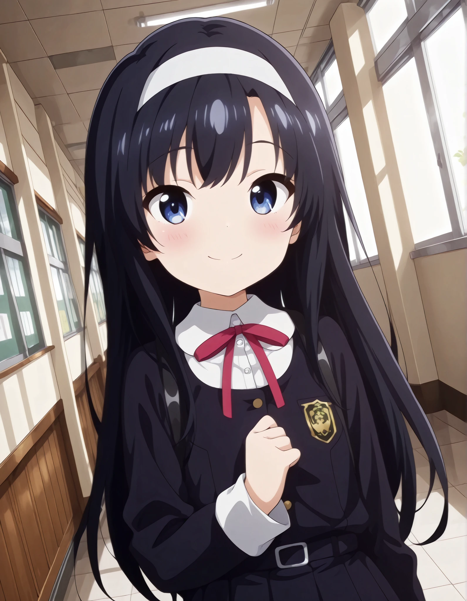 "ultra-detailed, best quality, beautiful eyes, extremely detailed, best quality, beautiful, Master piece, highres, best quality, official art, highres, masterpiece, newest",, "solo, 1girl, saeinagaki, long hair, blue eyes, smile, blush","school uniform, neck ribbon, red ribbon, white hairband, skirt, BREAK school hallway, looking at viewer, dutch angle, portrait, upper body",, "masterpiece, best quality, amazing quality, very aesthetic, absurdres, detailed background, detailed foreground, detailed eyes, detailed clothing, detailed hair, detailed shading"