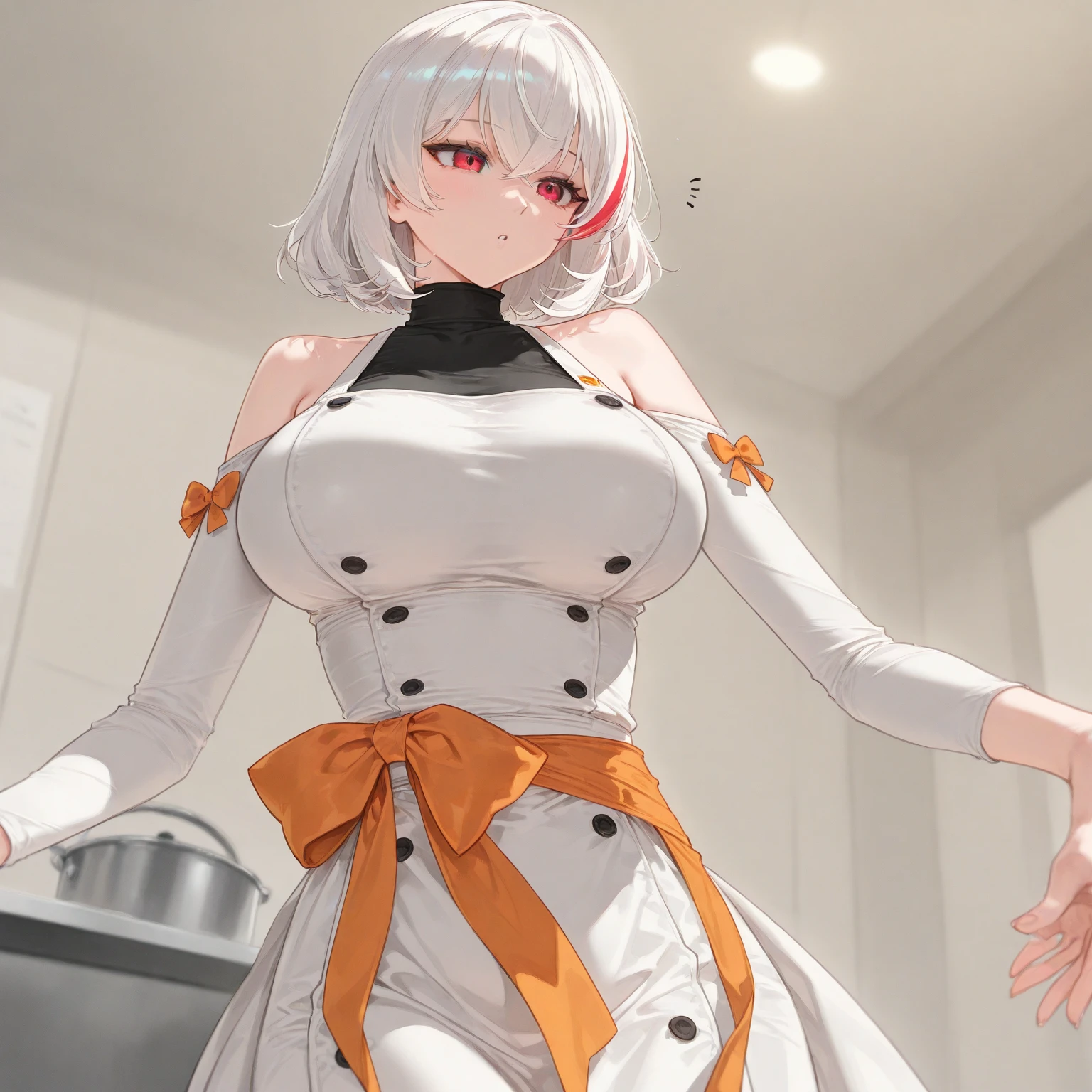 (Masterpiece, High Quality, Top quality, High-Detailed, Detailed CG, Cinematic Shadow, Cinematic Scene, Beautiful Detailed Eyes, Ultra Resolution, Depth of Field), Looking At The Audience, (Blush Expression:1.2), (Angry Expression:1.2), (Erotic Expression:1.0), Blue Eye, Silver Hair, White Hair, Short Hair, Five Fingers, Good Composition, Bare Shoulder, (Chinese Dress:1.0), (Short-Skirt Chinese Dress:0.7), (Short Skirt:1.2), Thicc Thighs, Thick, Large Breasts, Huge Breast, Holding a Plate, Dark Background, Blur Background, Castle Background, European Building Background