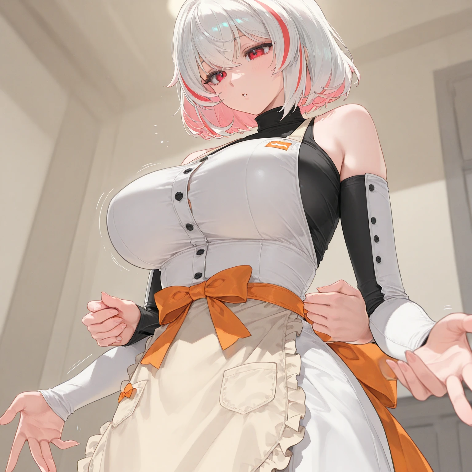 (masterpiece:1.2、highest quality、Tmasterpiece)、1 female、alone、classroom、Day、stand、blonde、ponytail、Red eyes、(rc:1.4)、(Dark Skin:1.4)、Big Breasts、Place your hands behind your head、corset、Hoop Earrings、lipstick、Very sweaty、Ring Choker、Scrunchie、blush、Covered breasts、Bangs braids、(Thick lips:1.2)