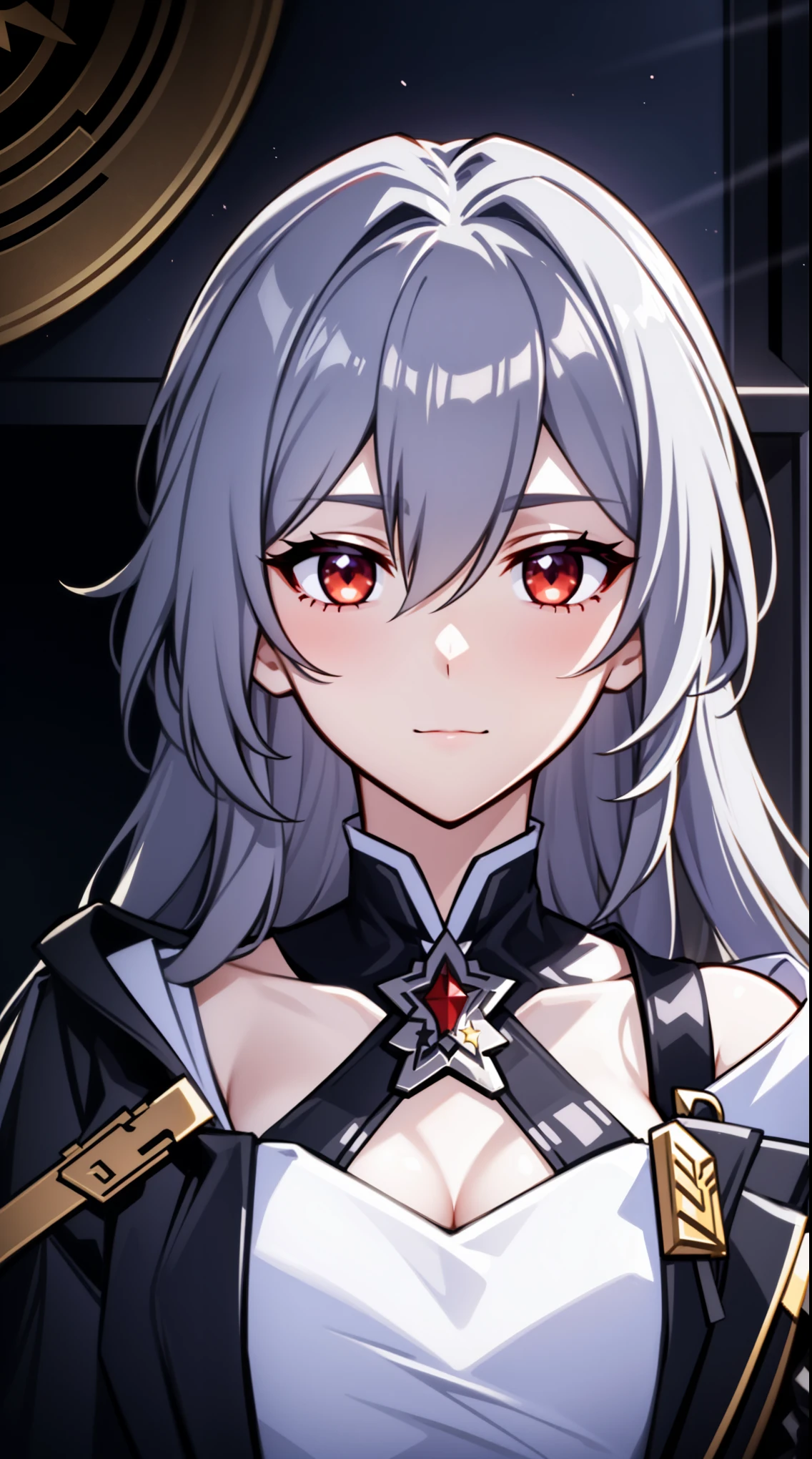 (high-quality, breathtaking),(expressive eyes, perfect face) portrait, 1girl, female, solo, adult woman, Symmetrical Eyes, age late 20, red eyes, long hair length, soft wavy flowy hair, loose hair, side bangs, looking at viewer, happy expression, white skin, elegant, regal, Stelle Honkai Star Rail, Acheron Character Honkai Star Rail, black background, dark purple color hair, black coat with gold trim, jacket