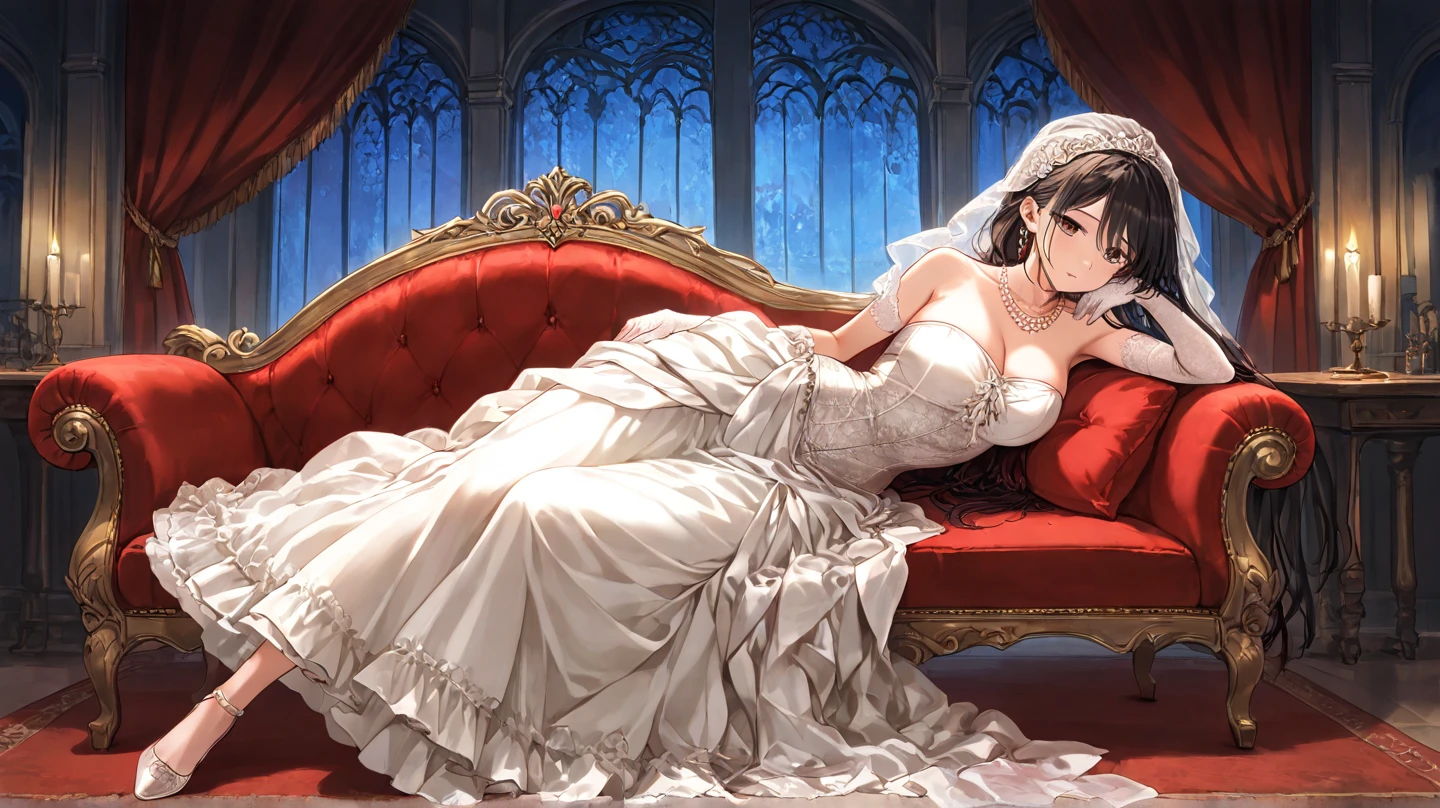 (bright lighting,romantic setting),bride captured, dreamy background,bondage,dark hair, mesmerizing gaze, , soft skin, alluring beauty, artistic portrait, high-quality image, vibrant colors, long silk gown, in the bed,tape bondage,tape gag, mosquito net, bridal