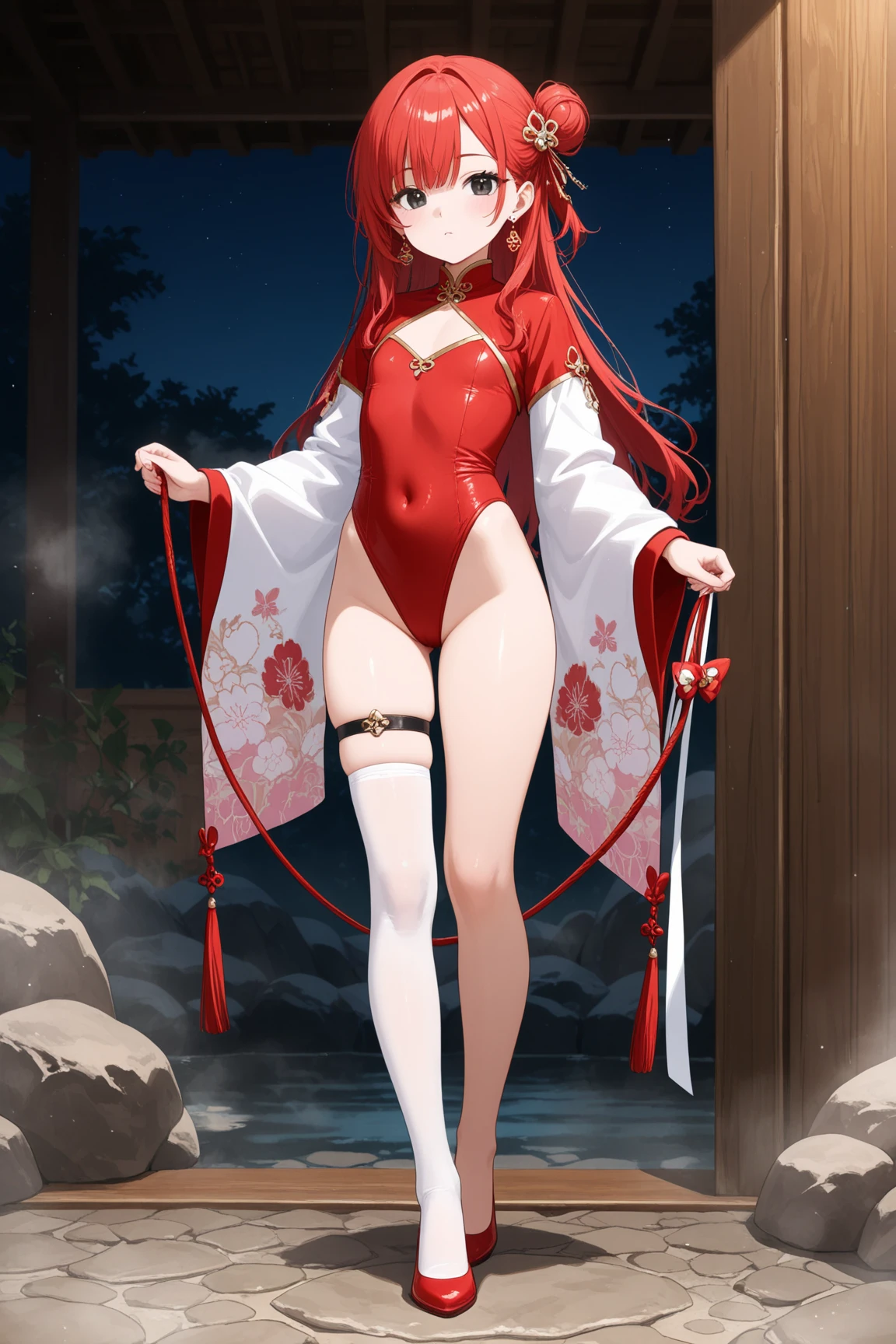 (masterpiece, best quality:1.2), 1women, xian mei, solo golden eyes, long red curly hair, jewellery, round big breasts, perfect anatomy, chinese traditional room, nudity, nude, sexy, hot, night, starry sky, night beautiful sky, shining stars,