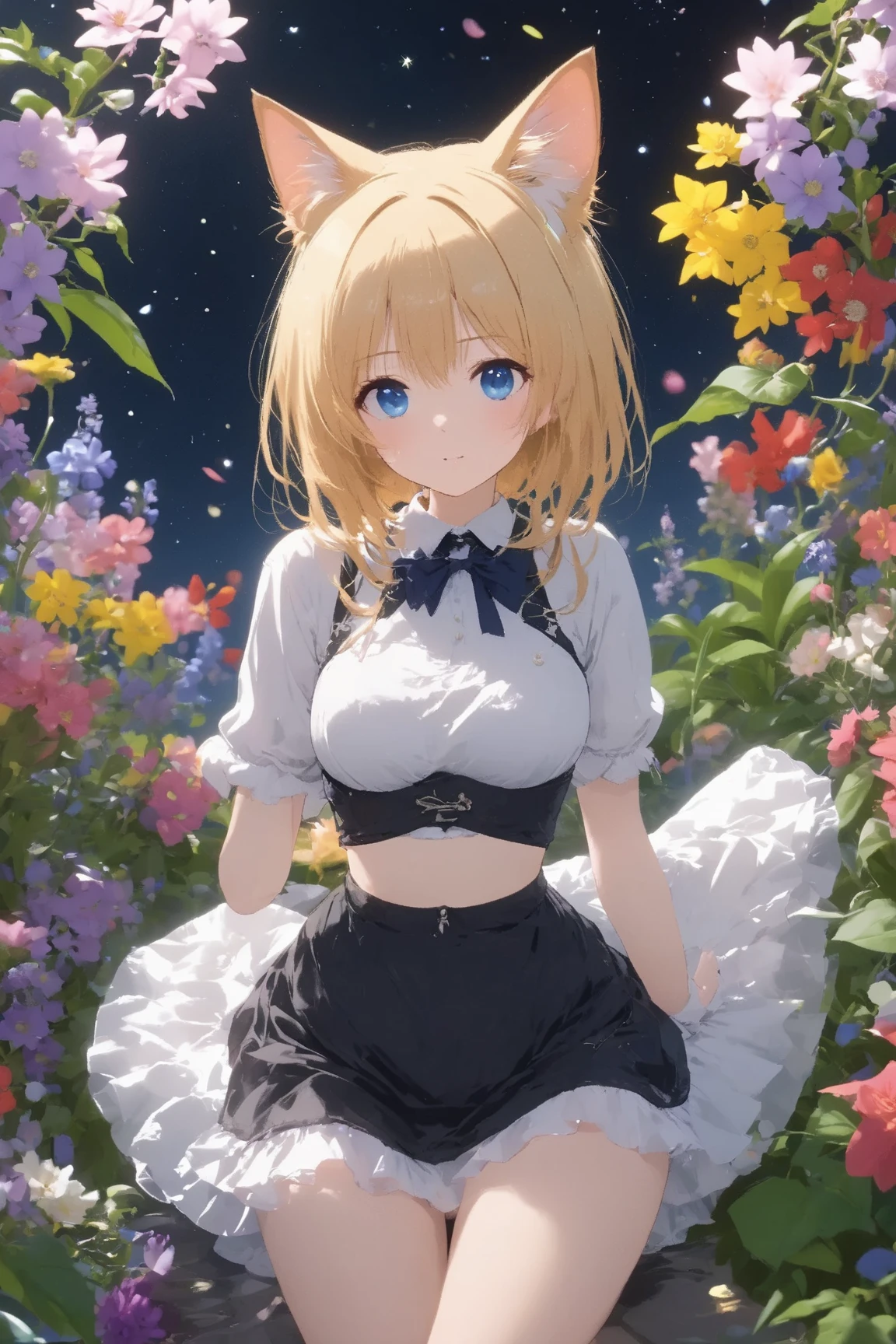 masterpiece，((highest quality))，8k wallpaper，accurate expression，((very detailed description)).　　　　　　　　　　　　　　　　　　　　　　　　　　　　　　　　　　　　　　　　　((female 1))，20-year-old，Height: 175cm，Super beautiful，((fine facial details))，perfect anatomy，correct anatomy，perfect face，perfect arms，，perfect fingers，perfect waist，perfect thighs，short hair，((blonde))，Black headband，view audience，Camera flash is visible，(provocative smile),((The parts of the face are also detailed.))，，Wear a white blouse with frills on the collar，wearing a black corset，maid cosplay，white miniskirt with white ruffles，((raise the hem of the skirt))，((Show off your panties to your audience)),((Showing off purple lace panties))，white stockings，((75 degree angle from bottom))，close up shot.　　　　　　　　　　　　　　　　　　　　　　　　　　　　　　　　The background is a cherry tree，spring，night，full moon，The wind is blowing，Many cherry blossom petals are falling，wonderful.
