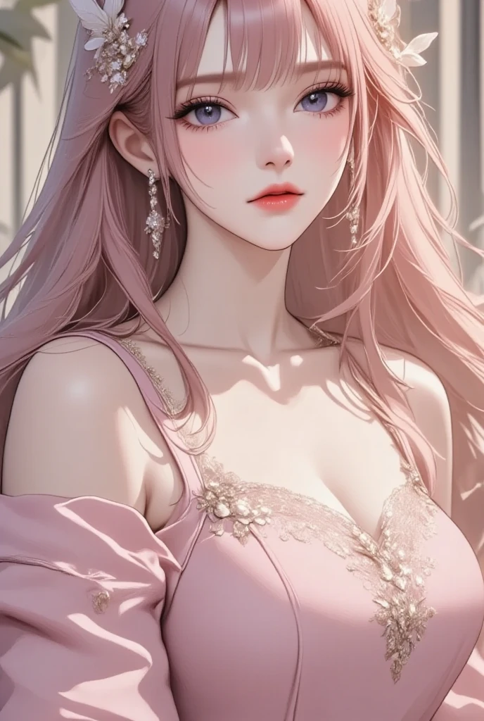 (Best quality, 8K, high resolution, masterpiece:1.2), Digital Artwork, A girl, Delicate face, Delicate eyes, Pink Hair, Long and straight hair, Glowing purple eyes, Red lips, Suspenders, Fantasy Landscape, Vibrant colors, Soft lighting, Whimsical atmosphere, Blooming flowers, floating dress, Fine details, Ethereal Background, Dreamy