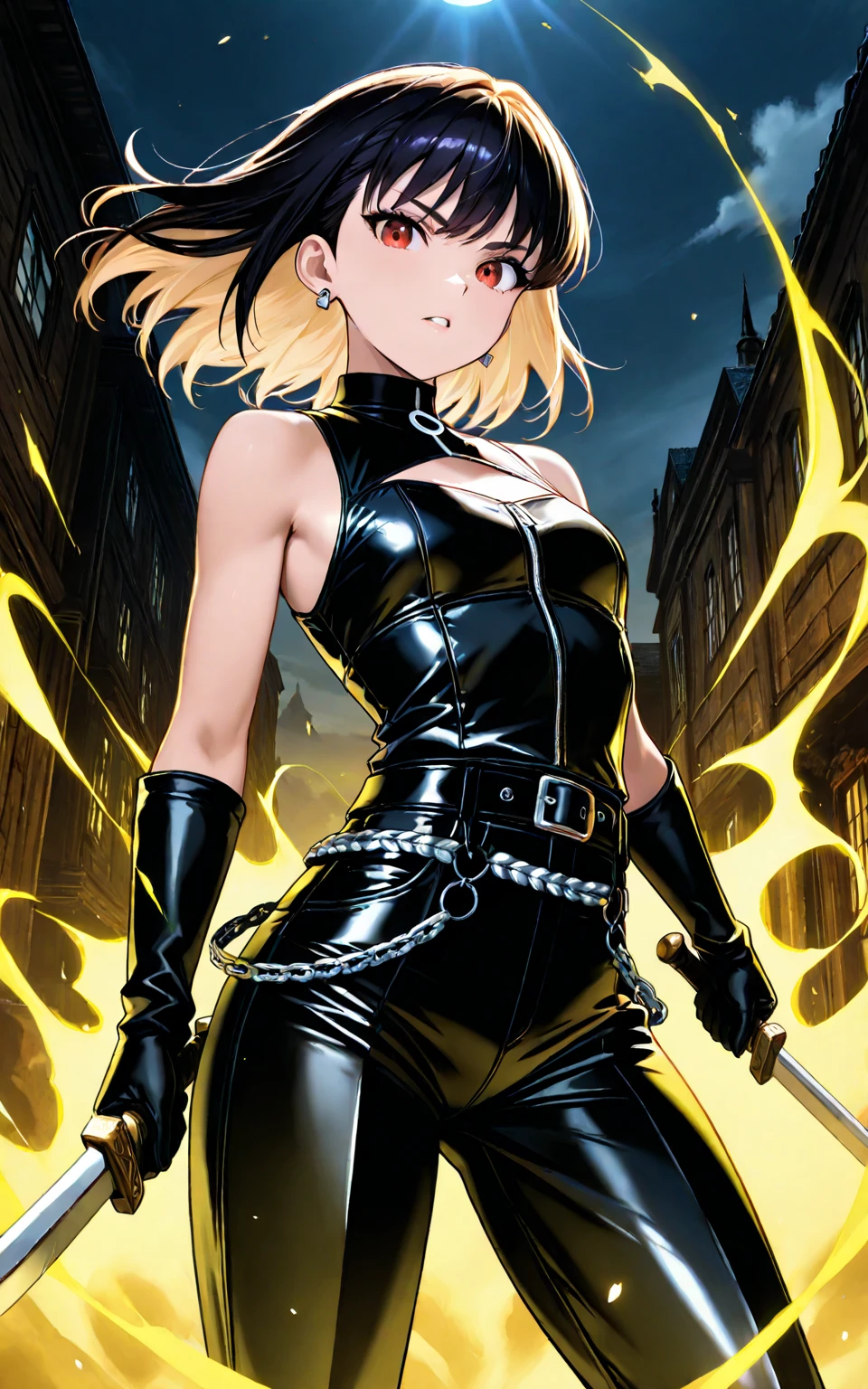 1girl, <lora:Tanya Degurechaff_2:0.5> tanyatheevil:1.6, evil smile, blonde hair, blue eyes, ahoge, <lora:Etna:0.3> EtGear:1.6, gloves, jewelry, choker, thighhighs, black elbow gloves, belt , miniskirt , boots,  shoulders, midriff, bra, skull earrings