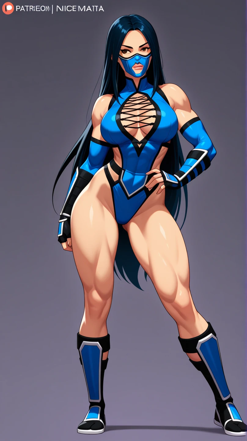 resplendent smile、1 Women's Fitness Model、Huge chest on the verge of bursting、thin and long legs、abdominals、musculature、Brown skin、Metallic blue high-leg swimsuit、25-years old、Height 175cm、Good at sports、blue eyes、Orange hair、Pony tail、glistning skin、blue eyes、Pose ready to fight、full-body view