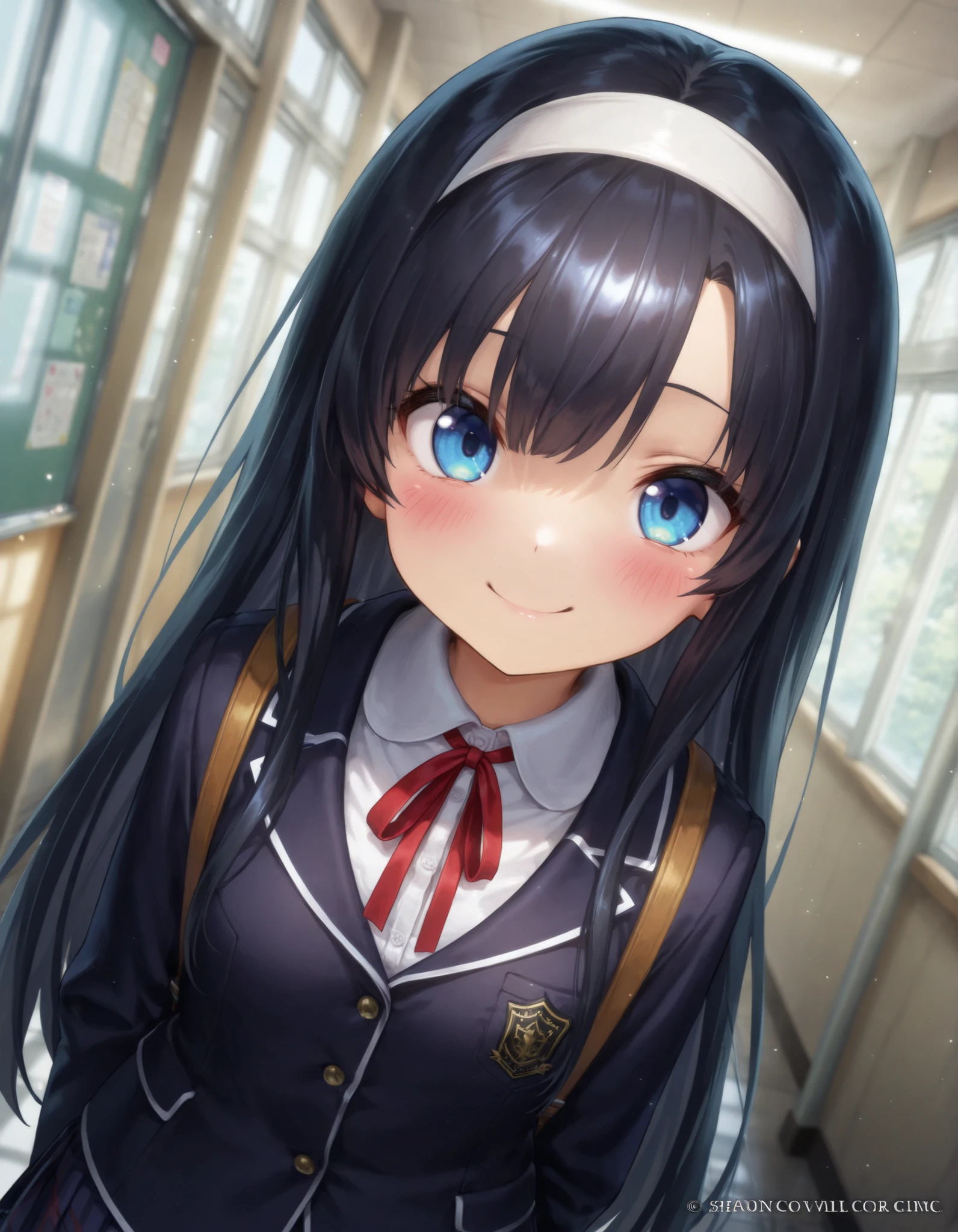 "ultra-detailed, best quality, beautiful eyes, extremely detailed, best quality, beautiful, Master piece, highres, best quality, official art, highres, masterpiece, newest",, "solo, 1girl, saeinagaki, long hair, blue eyes, smile, blush","school uniform, neck ribbon, red ribbon, white hairband, skirt, BREAK school hallway, looking at viewer, dutch angle, portrait, upper body",, "masterpiece, best quality, amazing quality, very aesthetic, absurdres, detailed background, detailed foreground, detailed eyes, detailed clothing, detailed hair, detailed shading"