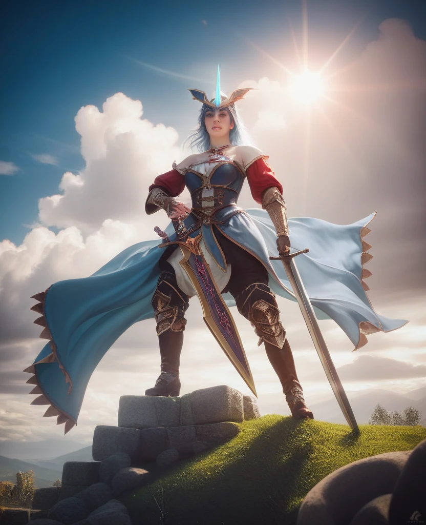 <lora:porcelain_gzhel:1.0>, (porcelain, Gzhel, rococo:1.0), ass, belt, blue eyes, boots, dragon, elbow gloves, from below, full armor, gloves, heart, helmet, knee boots, kneepits, looking back, monster, ponytail, short hair, silver hair, skirt, sky, smile, sword, weapon, wyvern