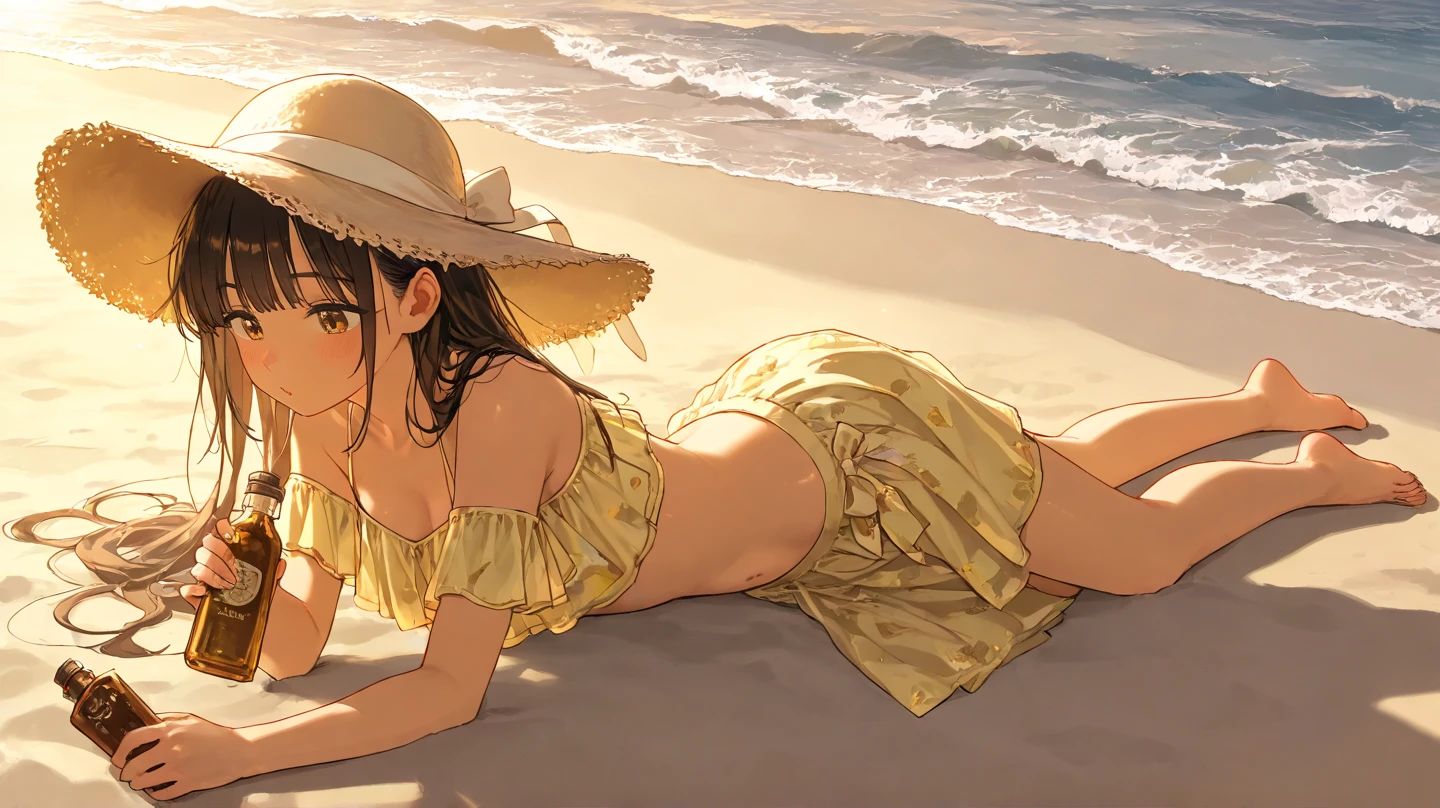 Maki: ore no imouto ga konna ni kawaii wake ga nai, 25-yers-old girl with wavy brown hair wearing 2 piece green spial pattern bikini, lighthouse background, walking on the beach, full body, back turned