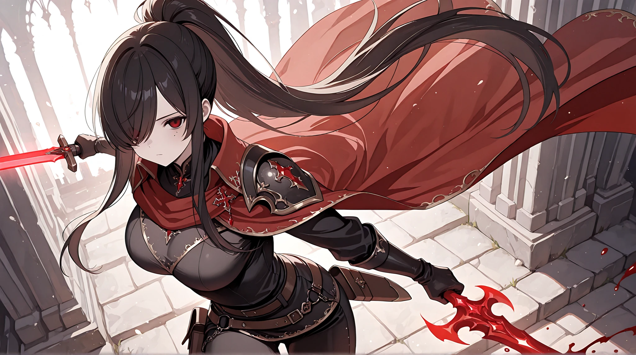 1girl, Kuroki Monika, mole on left cheek, red eyes, hair over right eye, black hair, very long hair, ponytail, large breasts, from above, from side, foreshortening, black gloves, Male Fantasy Clothes, cape on shoulder, red cape, black shirt, black pants, cool, high fashion, jewelry, closed mouth, holding sword, glowing red sword, blood sword, energy, serious, old castle in the background, depth of field, cinematic, masterpiece, best quality, very aesthetic, absurdres, newest