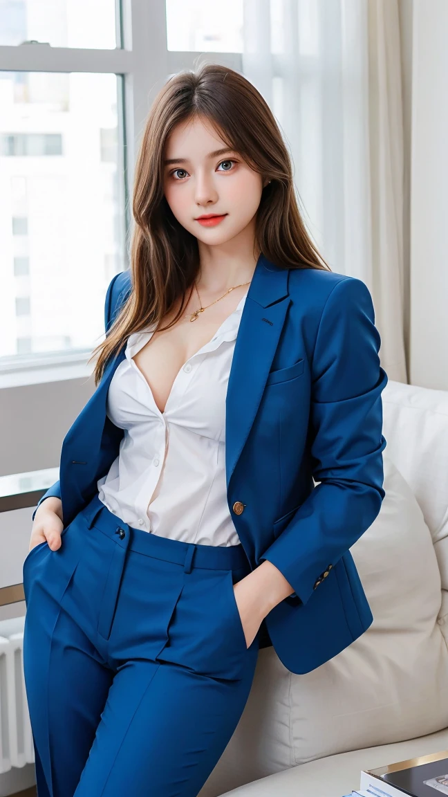 Gorgeus Girl, Beautiful, , 20 Years Old, White Skin, Beside, Sexy Pose, business suits, Blue Eye, Muscles, Bokeh, Modern living room Background, Masterpiece, Fullbody Shot, woman trousers, blazers