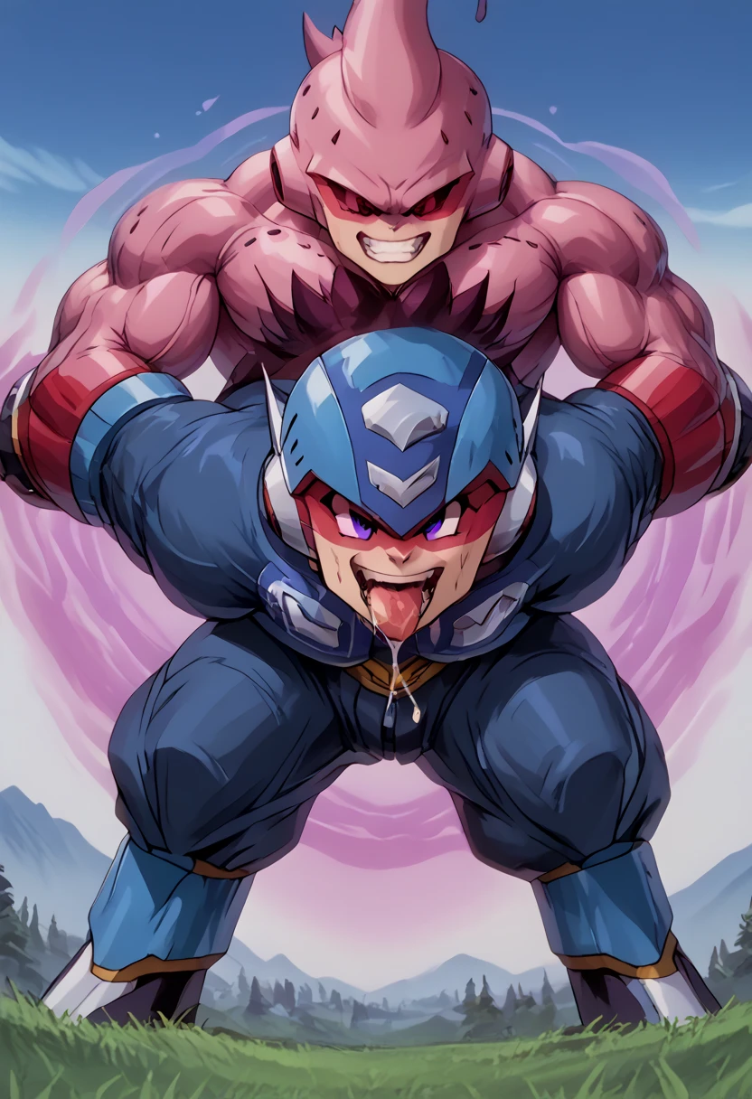 A young boy with devil-like wings,Mouth wide open with expression of pain,Sweating and drooling profusely,Semen dripping from his huge erect penis,A strong, well-trained body like a bodybuilder,A large amount of ,Orgy,self-sucking,Masturbation,Hero Suit,Crying face,