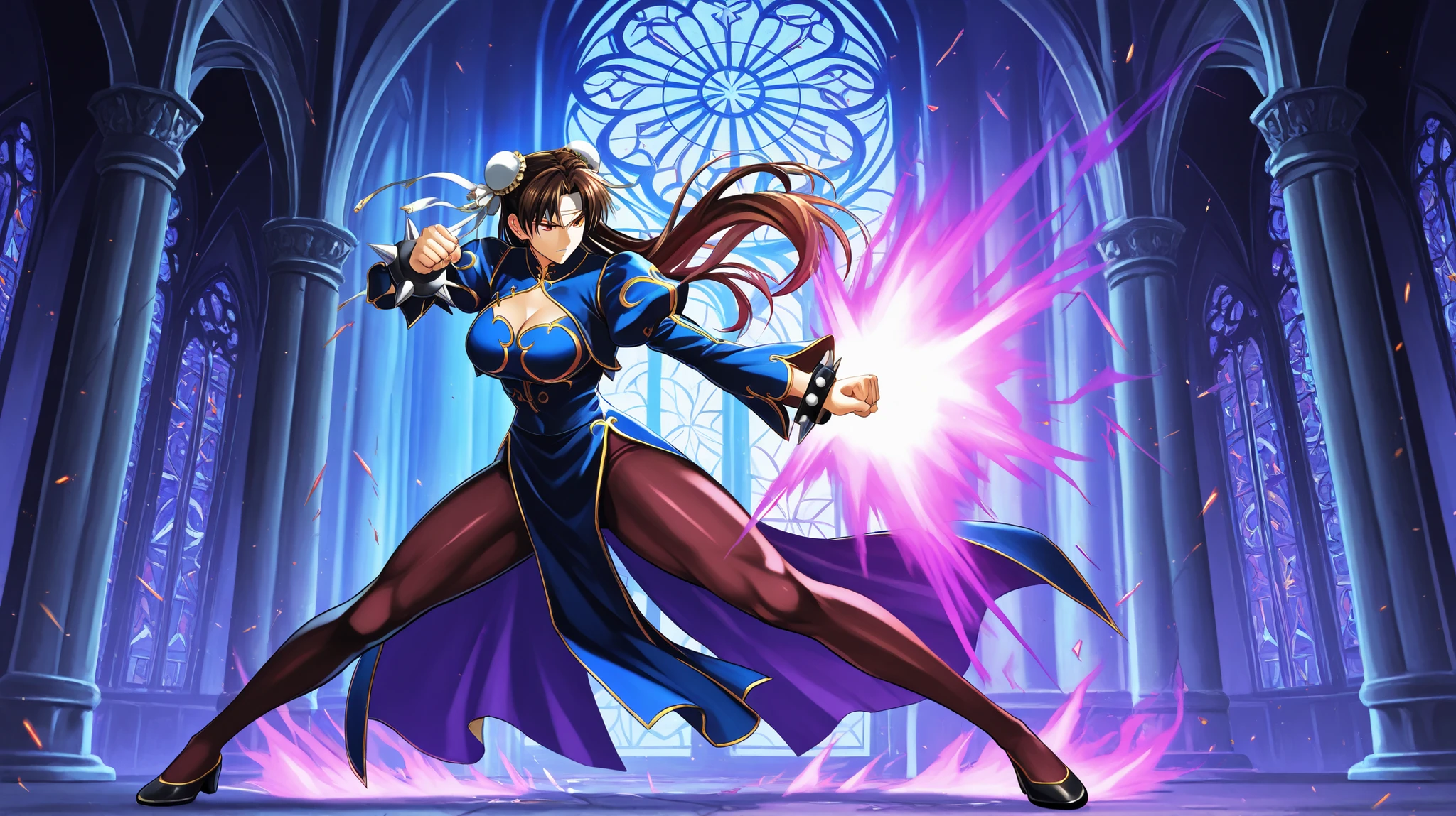 Kyo Kusanagi and Chun-Li in a dramatic anime battle scene, positioned like Morrigan and Sol in a gothic cathedral with glowing stained-glass windows behind them. Kyo is on the right, mid-leap, fist ignited with flames, his long jacket flaring behind him, intense expression, hair flowing, iconic headband. Chun-Li on the left, leaning forward, dodging or preparing to counter, her leg extended in a graceful martial stance, wearing her classic blue qipao with spiked bracelets, purple energy swirling around her. Epic anime style, vibrant colors, glowing effects, dynamic lighting, motion blur, stained-glass shards in the air, cinematic composition.