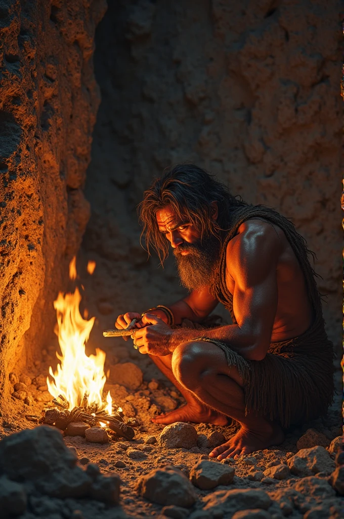 Caveman Making fire using stones
