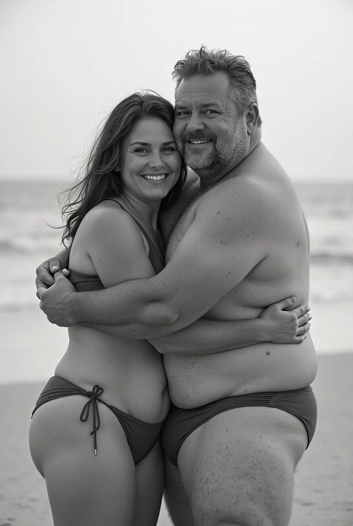 Pregnant woman poses in a sensual bikini with her 49-year-old husband with a muscular body