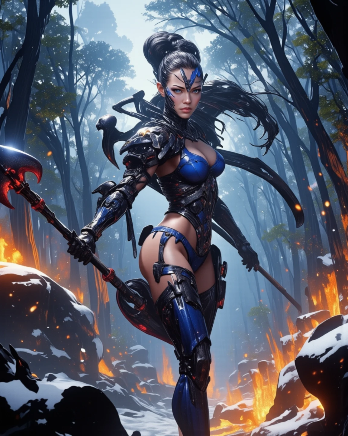 Perfect waist cut, Large breasts, Warrior girl with a small short sword on hand, Skimpy organza clothes ,dark blue hair with red highlights, (perfect nose), Seductive gaze, dark blue boots on high heels with red highlights, (Best Illustration), 8k Resolution, Intricate Details, Best Quality, Realistic, Ultra Detailed, Best Lighting, Best Shadows, Ultra HD, A Necromancer style, Night, Magic, Dark Style, Vampire, (shining red eyes:1.6), masterpiece, high_res, Beautiful face, tyndall effect, photo realistic, (high detailed skin:1.2), 8k uhd, dslr, high quality, Photograph, high resolution, 4k, 8k, Bokeh, absurdres, ponytail contorted, best ratio four finger and one thumb, front view, dark blue hair gorgeous, perfect proportional skinny fitness body, full body view, wet skin, wet clothes, dark cathedral baground scenery, huge bobs, belly muscle, long fit perfect legs, fishnet dark red Stockings
