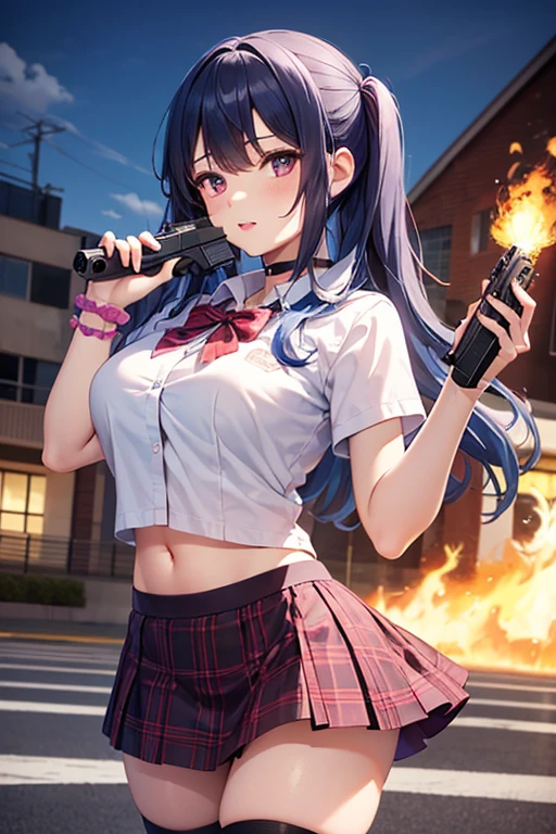 1 girl on break day、(masterpiece、Highest Quality、Best Picture Quality、8k、anatomical structure)、wallpaper、perfect body、(blue hair、long hair)、straight hair、bungs、studio lighting、 soft shadows、、Super Details、dark pink gloss lips visible on the track and field ground、 high chroma、High Clarity 、beautiful eyes on my stomach、beautiful skin、Textured Skin、uniform((white shirt、Short sleeve、Red Bow Tie、blue plaid pleated skirt、micro miniskirt、Black Thigh Socks、loafers 、blue scrunchies on wrists、black choker with dark eyes))、(Standing with Wide Legs:1.4)、holding a pistol、has a handgun,I'm looking here、Big Breasts、pink gloss lips、outdoor、Schoolyard、Daytime sky、Cheek、spoken heart mark、Glowing Handgun、fire in the background、Swaying Hair、focus on the face、cowboy shooting、Slightly from the side、Glowing Wrist Scrunchies、handgun、They're pointing their guns at me.、pink rings on thighs、trading card border
