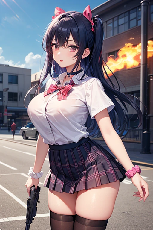masterpiece, school rooftop, night sky, high quality, 1girl, gyaru, black hair, pink eyes, school uniform, thighhighs, red bra, black skirt, erotic expressions, cute, princess crown, open shirt with red bra