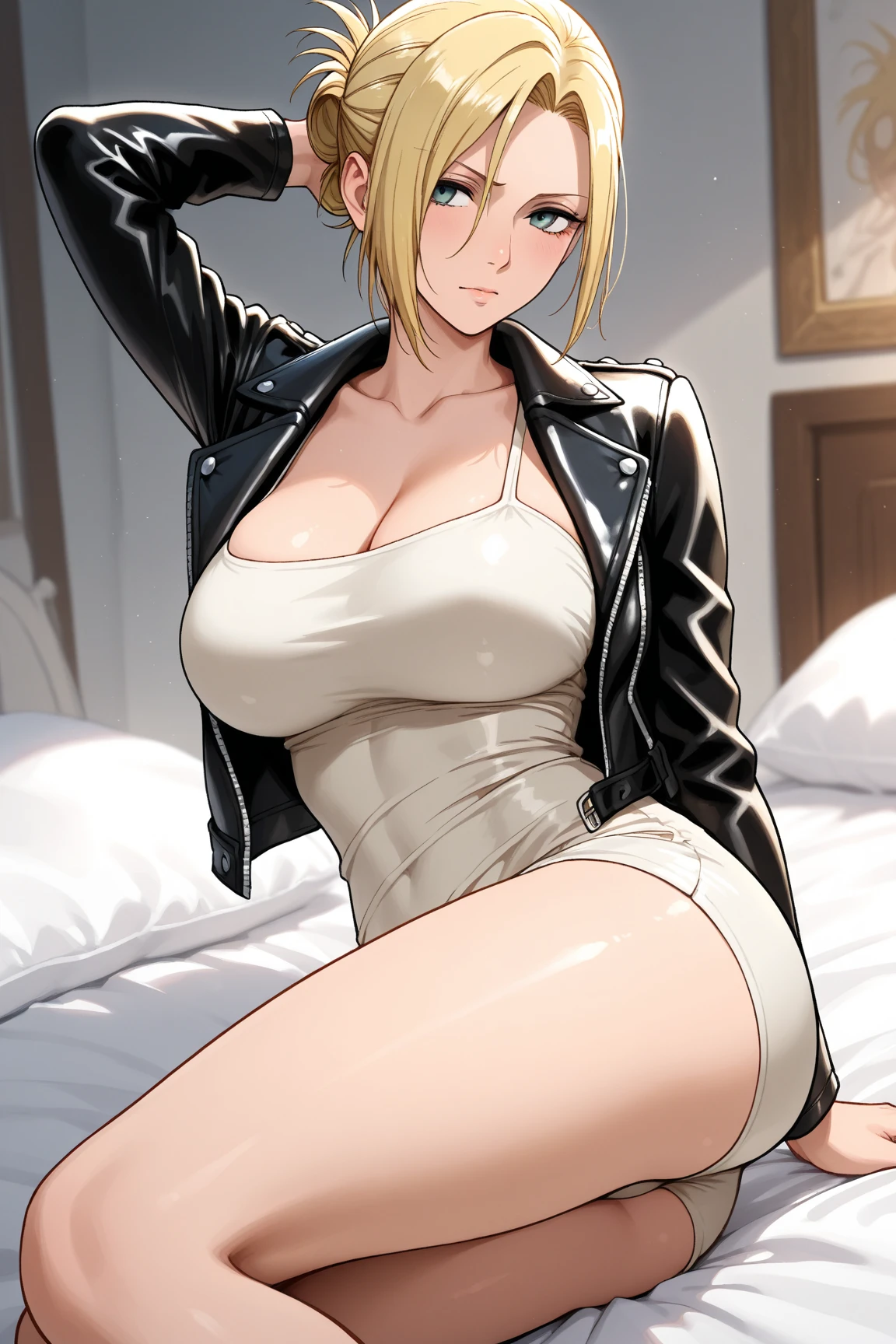 camisole,furious,legs up,lying on back,spread legs,poetry,pubic hair,pixie cut,very short hair,simple background,arms up behind,cum in pussy,solo,1 girl,show off nipples,masterpiece, best quality, tanaka saeko, blonde hair, earrings, large breasts,