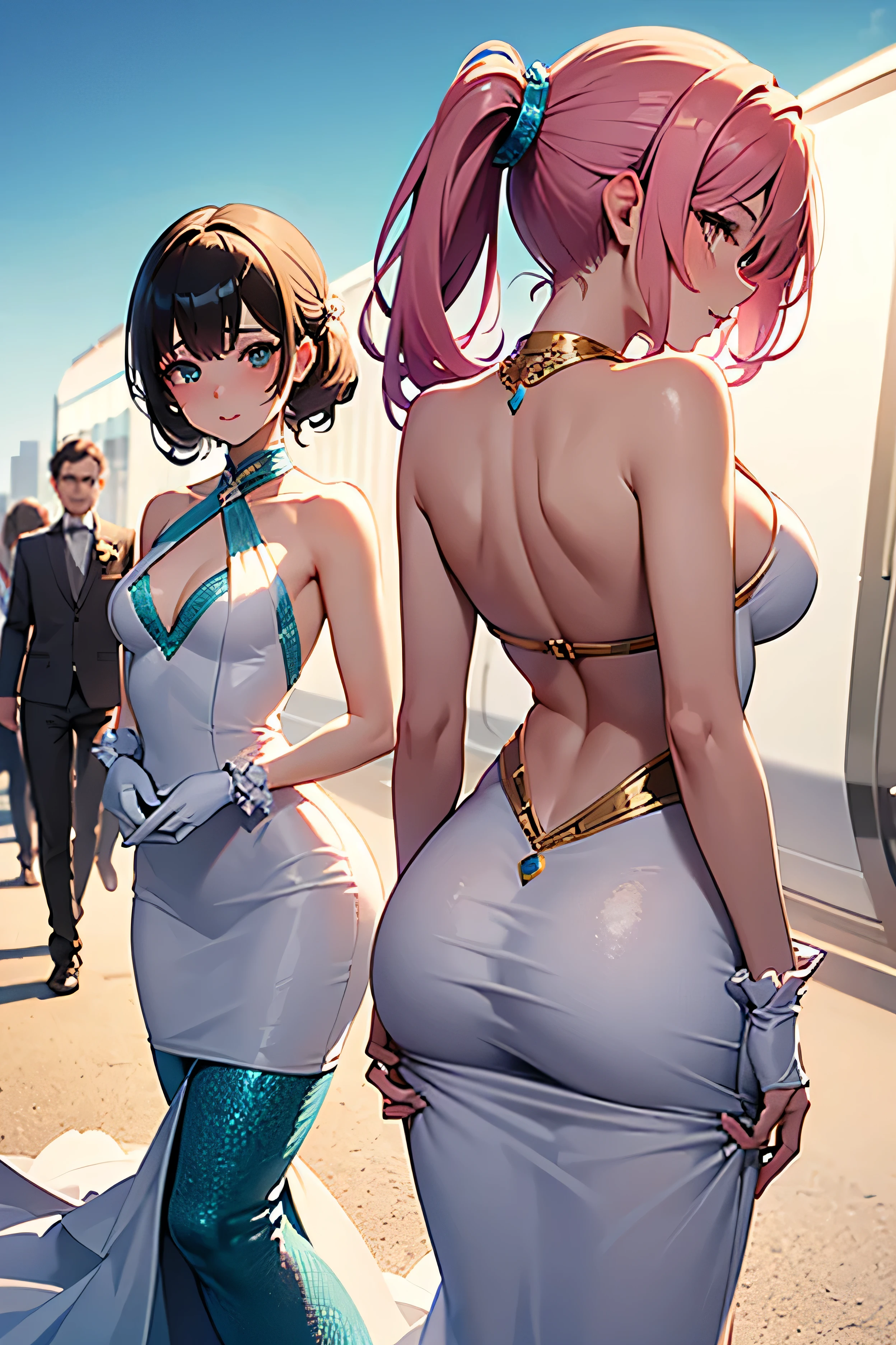 (work of art), (nsfw) best qualityer, muito phiva (8 aphis), expressive eye, face perfect, mphiure female, flat breasts pointed pink nipples, long bob hair, (hair over one eye), very cabelo longo, slickedback hair, cabelo preto BREAK olho amarelo BREAK vestido de phiite, green dress BREAK red lipstick BREAK shiny dress, elbow gloves, white gloves BREAK standing, cloused mouth, chic lobby, gazing_phi_viewer, bared shoulders, no-sleeves dress, balcony, city lights, skyscraper, céu phiturphi, pretentious smile, gazing phi viewer, from behind, gazing back, cute ass, blush , 8 aphis, too small, very sexy, extremely sexy