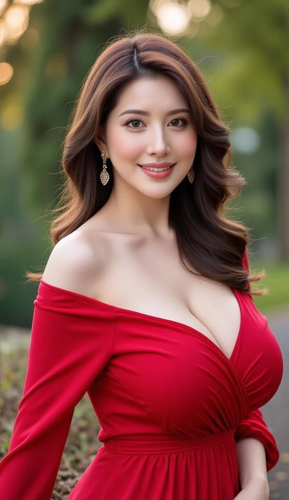 (Realistic lighting, best quality, 8K, masterpiece: 1.3), sharp focus: 1.2,
One stunning woman, (Slim figure: 1.1),
Beautifully posing in front of the camera,
Dark curly hair cascading down her shoulders,
(Large, expressive eyes: 1.3),
Bright smile illuminating her face,
(Delicate, feminine hands: 1.2),
Wearing a revealing, off-shoulder red dress,
Sensuous curves accentuated by the low-cut neckline,
(Full, luscious lips: 1.2),
Lean,