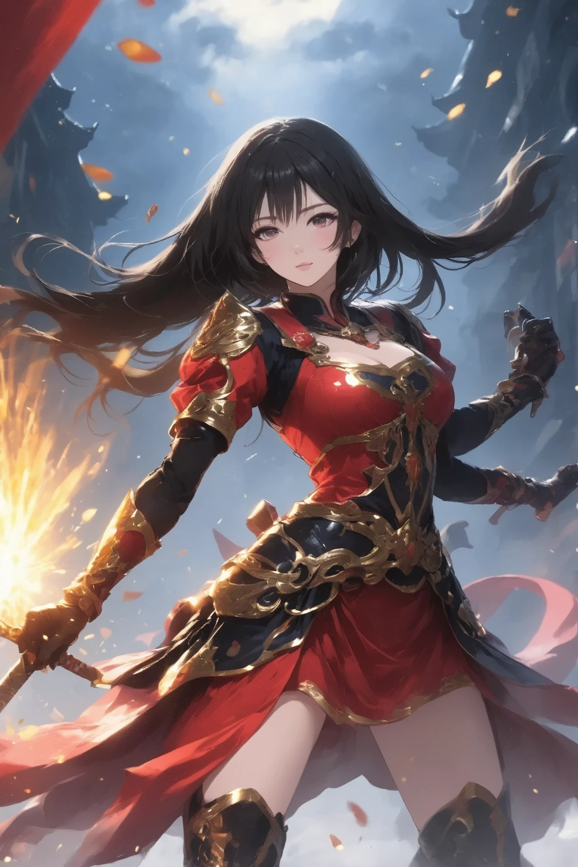 masterpiece, best quality, dragon, girl, ,robot,armor, dress, japanese_cloths, demon, arachne, panorama,dancing, turn,