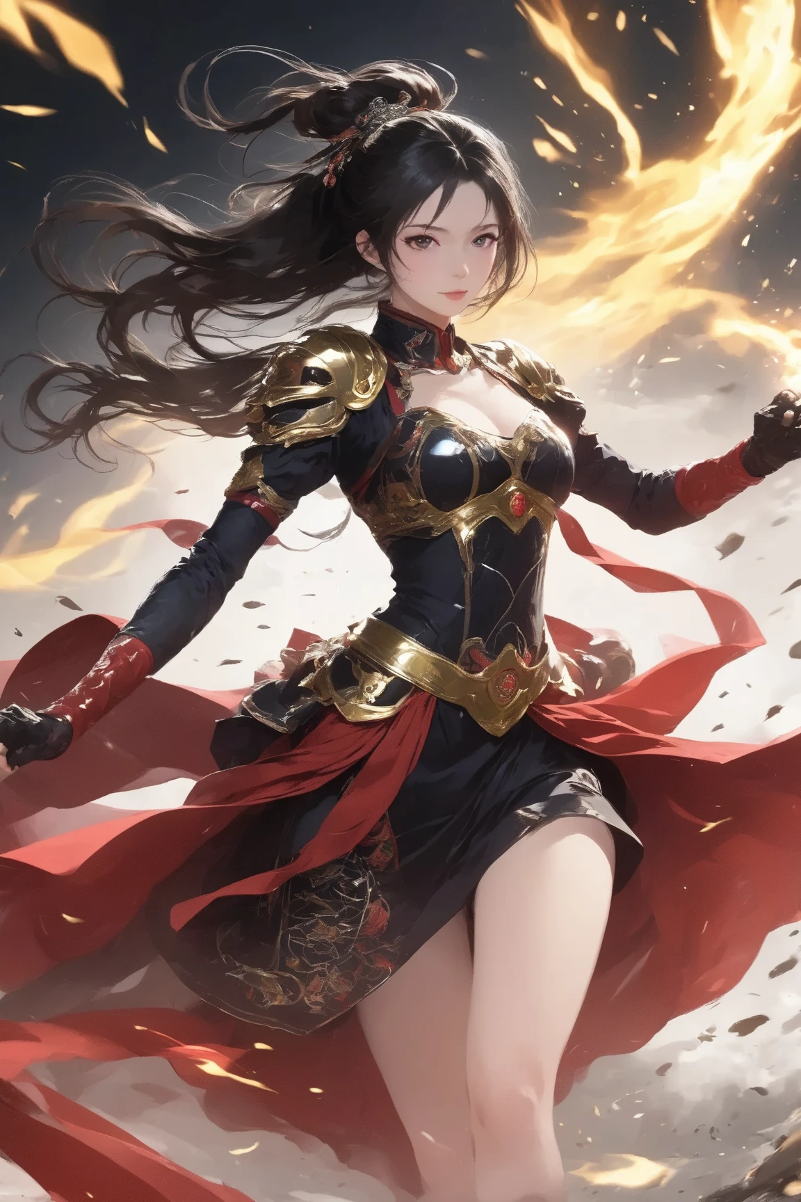 teens girl,full-body portraits,closeup cleavage,detailed meticulous,Extremely delicate,Combat posture,Hold the sword in your left hand,Point forward,Holding a round shield in his right hand,Hang by his side,Black hair flowing, Red and black clothes,tmasterpiece,Wallpapers,Excellent texture