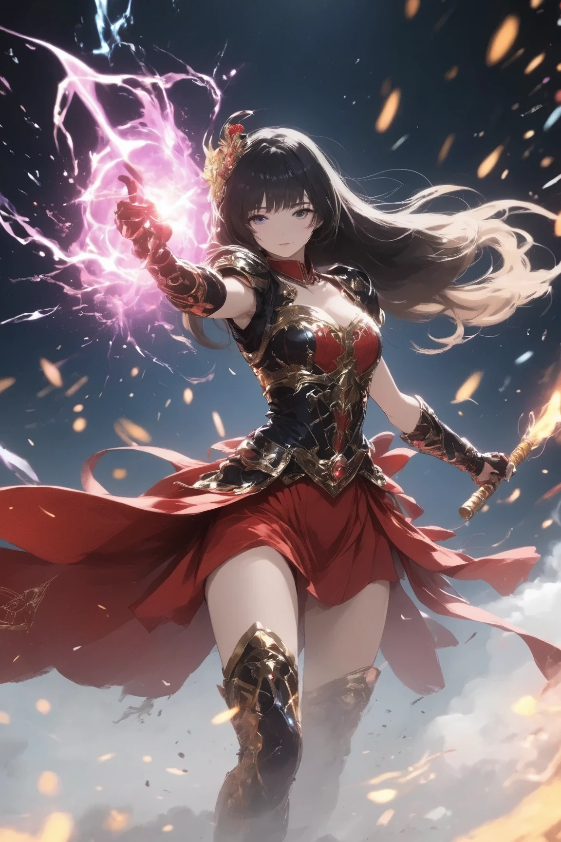 ((highest quality)),(Ultra-high resolution),(Super detailed new),(Detailed Description),((The best CG)),(A masterpiece),Ultra-detailed art,A wonderful new art form,(Art with precise detail:1.5), Fighting female hero, Light and Darkness, Endless battles, red,  Brilliant Lightning,