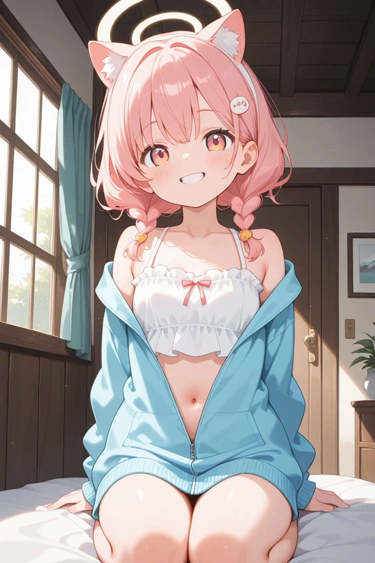 One girl, Pink Hair, Panties, bra, Taking off underwear, On the bed, Feeling embarrassed